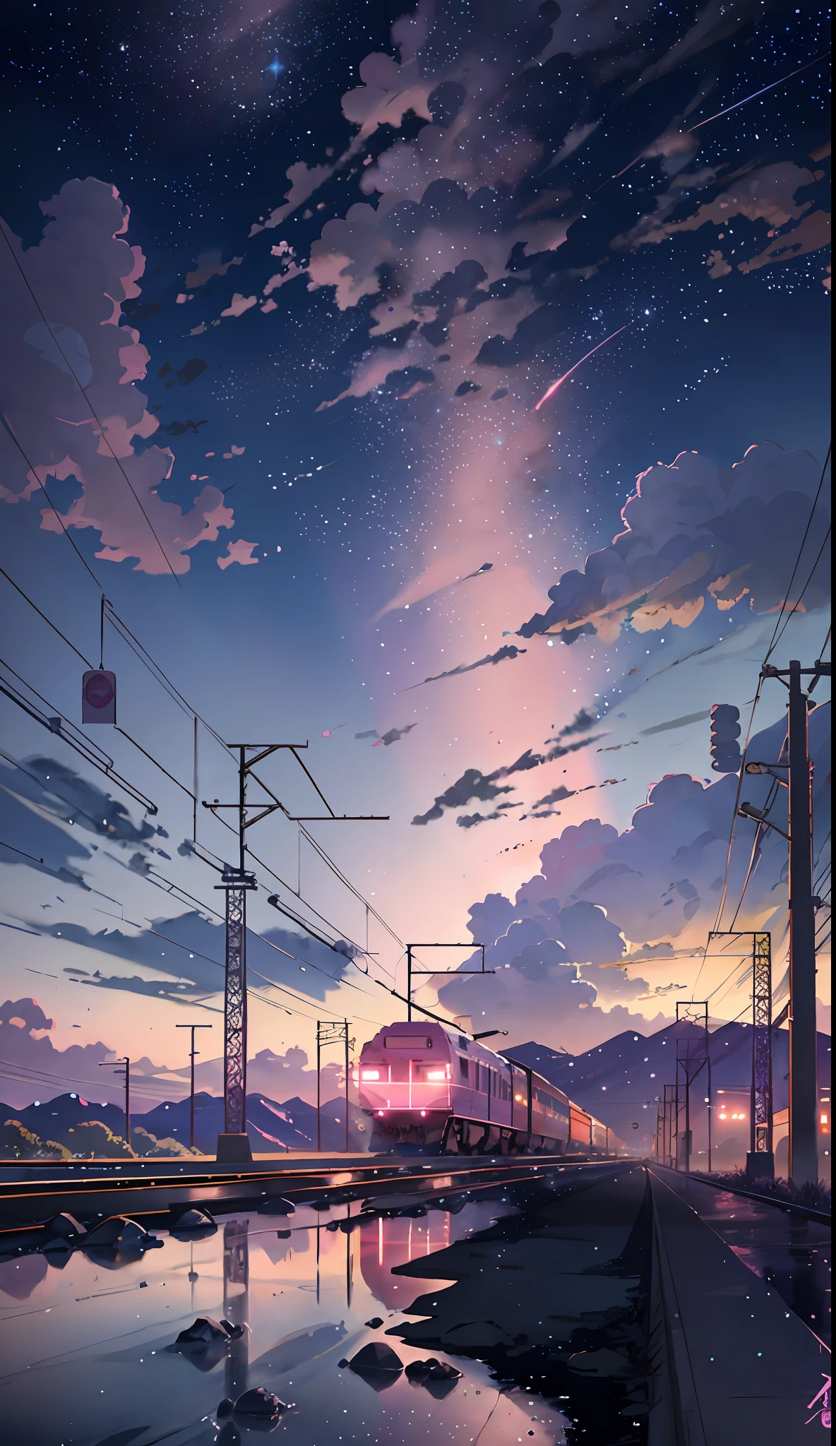 anime scene of a train passing under a pink and purple sky, an anime drawing by Makoto Shinkai, trending on pixiv, magical realism, beautiful anime scene, cosmic skies. by makoto shinkai, ( ( makoto shinkai ) ), by makoto shinkai, anime background art, style of makoto shinkai