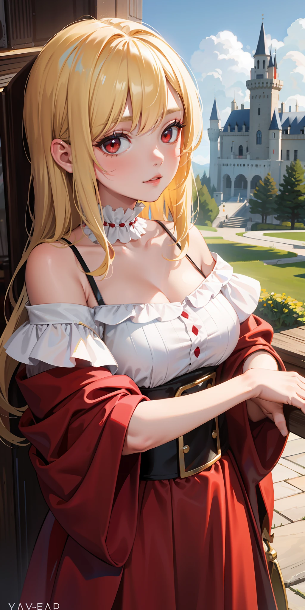 young girl alone, blonde, red eyes, off-shoulder, beautiful, western castle