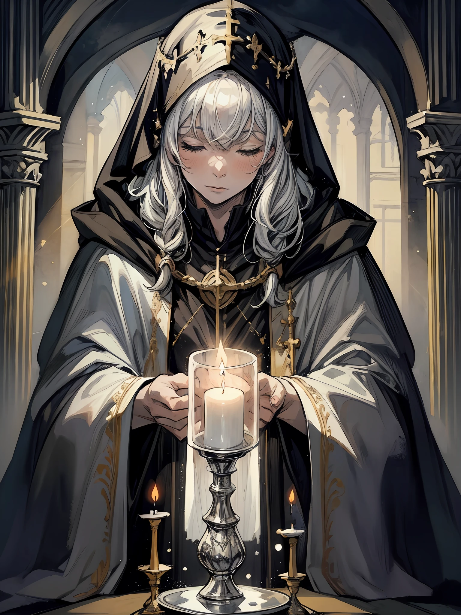 mature 1girl, holy priestess, black/white cloak, pray,🙏, head bowing, holy aura, eyes closed, skindention, tight cloth, standing, candle light, light reflection, dark church, watercolour