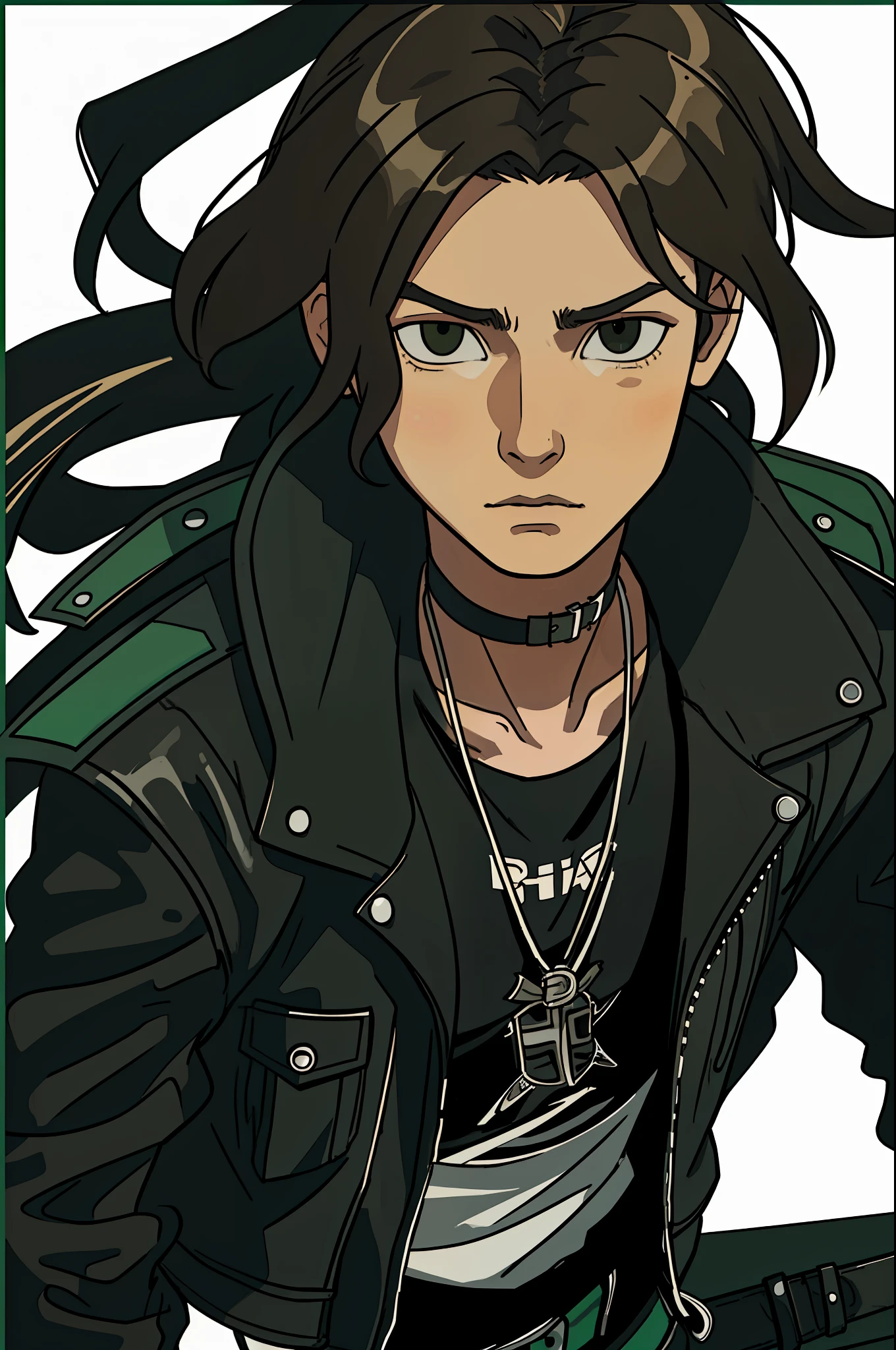 a waist length portrait of a punk boy in a leather jacket, short wavy brown hair with green streaks, light black eyes, fair skin, choker, highly detailed intricate film composition, cinematic lighting, hyper detailed, (white flat background)