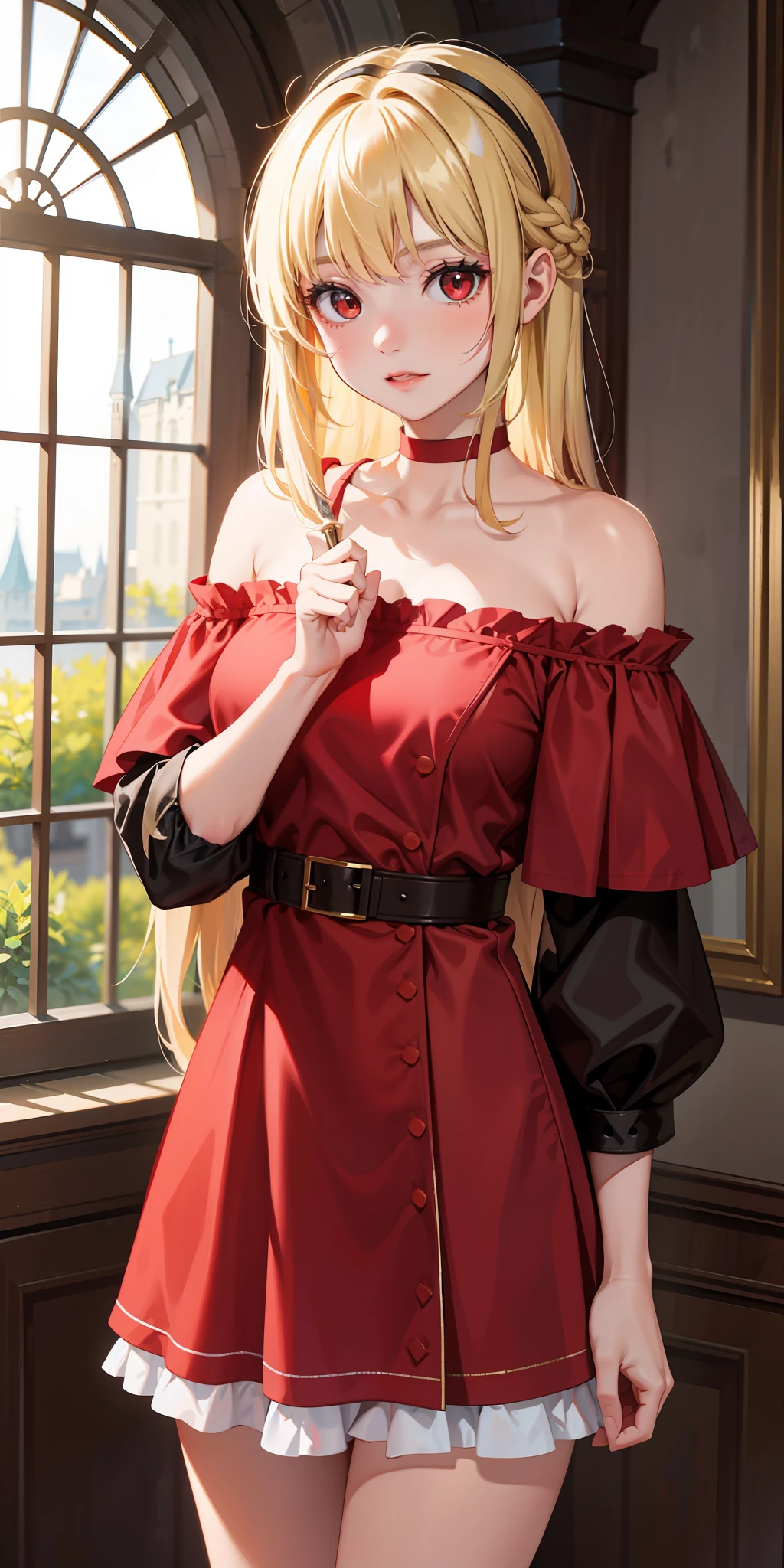 young girl alone, blonde, red eyes, off-shoulder, beautiful, western castle