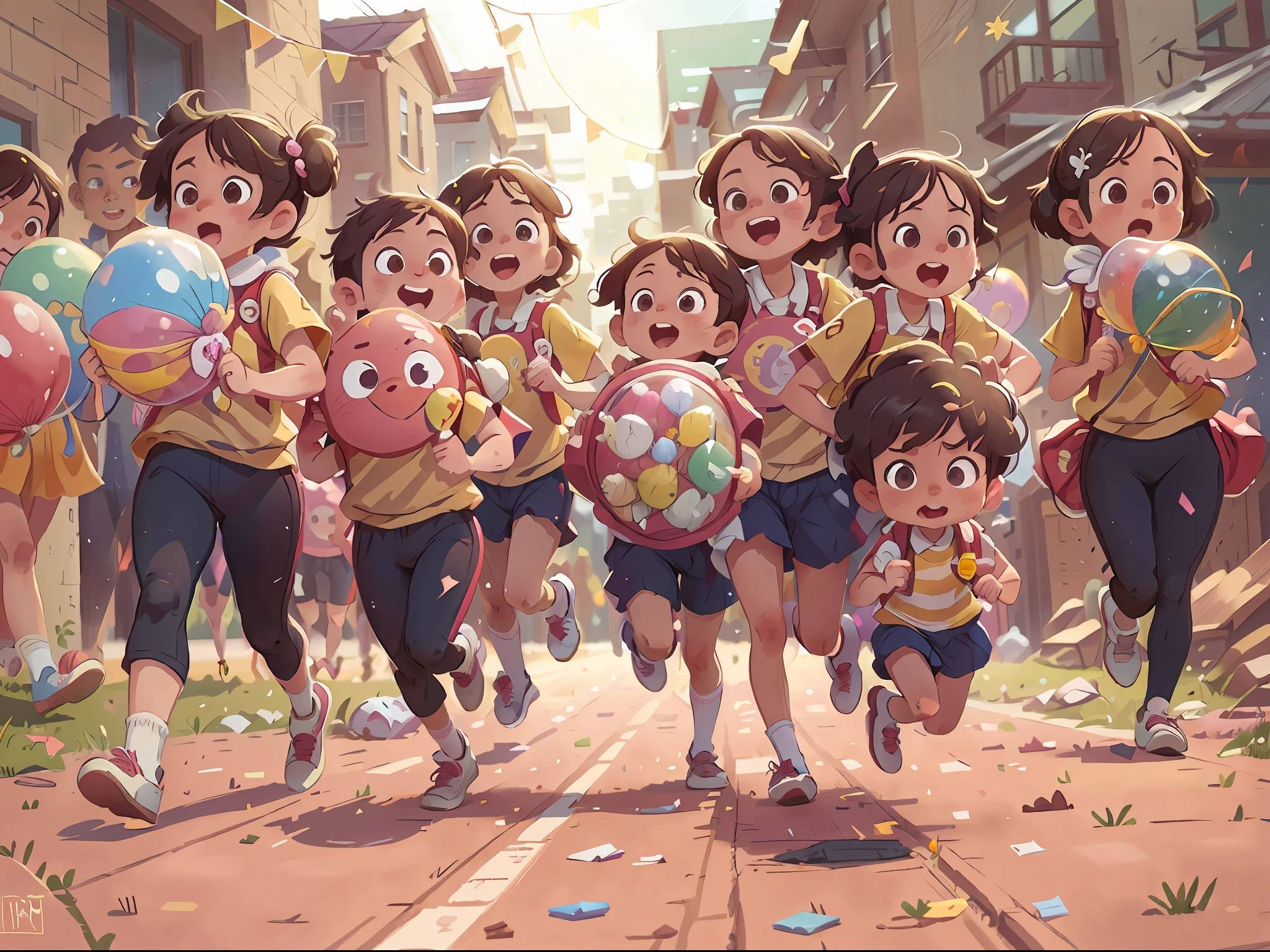 (SFW), a group of running children, in front of the school, holding balloons, happy, happy, perfect quality, clear focus, (clutter - home: 0.8), (masterpiece: 1.2) (Realistic: 1.2) (bokeh) (Best quality) (Detailed skin: 1.3) (Intricate details) (8K) (Detail Eyes) (Sharp Focus), (Happy)
