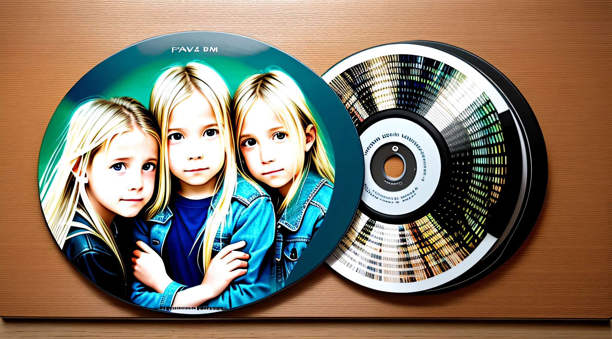 3 BLONDE GIRLS LONG HAIR CHILDREN IN LEATHER JACKET, A closeup of a CD and a CD box on a table, Packshot, CDs, CD Jacket, DVD Package, Medium Close Shot, Detailed Product Image, Medium Wide Shot, Medium Closeup, Close Medium Shot, New Boards of Canada album cover, soft vinyl, round format, Boards of Canada album cover, BLU - Ray Transfer 5 K, Fujifilm"