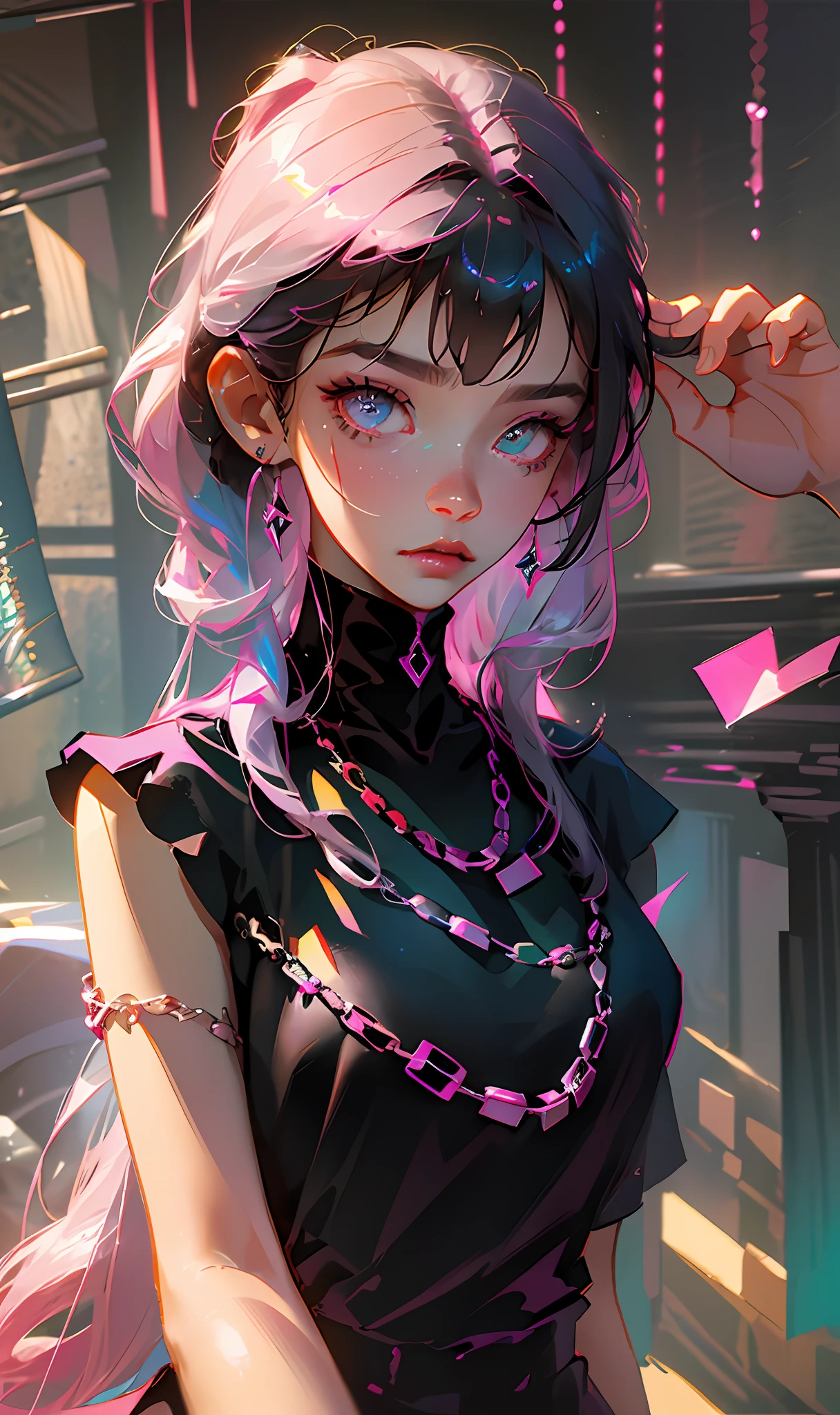 Selfie of a girl with black to pink gradient hair, black short sleeves, a necklace, ear studs, delicate eyes, deep pupils, masterpiece