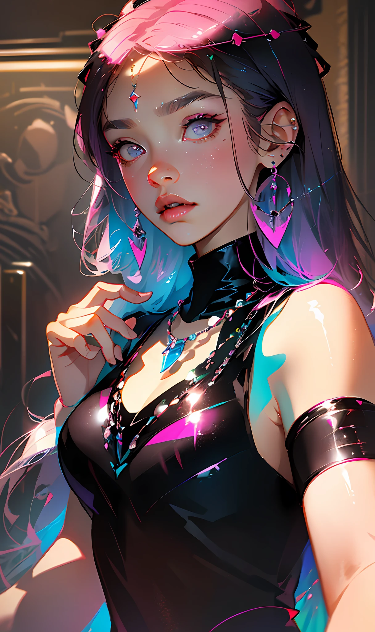 Selfie of a girl with black to pink gradient hair, black short sleeves, a necklace, ear studs, delicate eyes, deep pupils, masterpiece