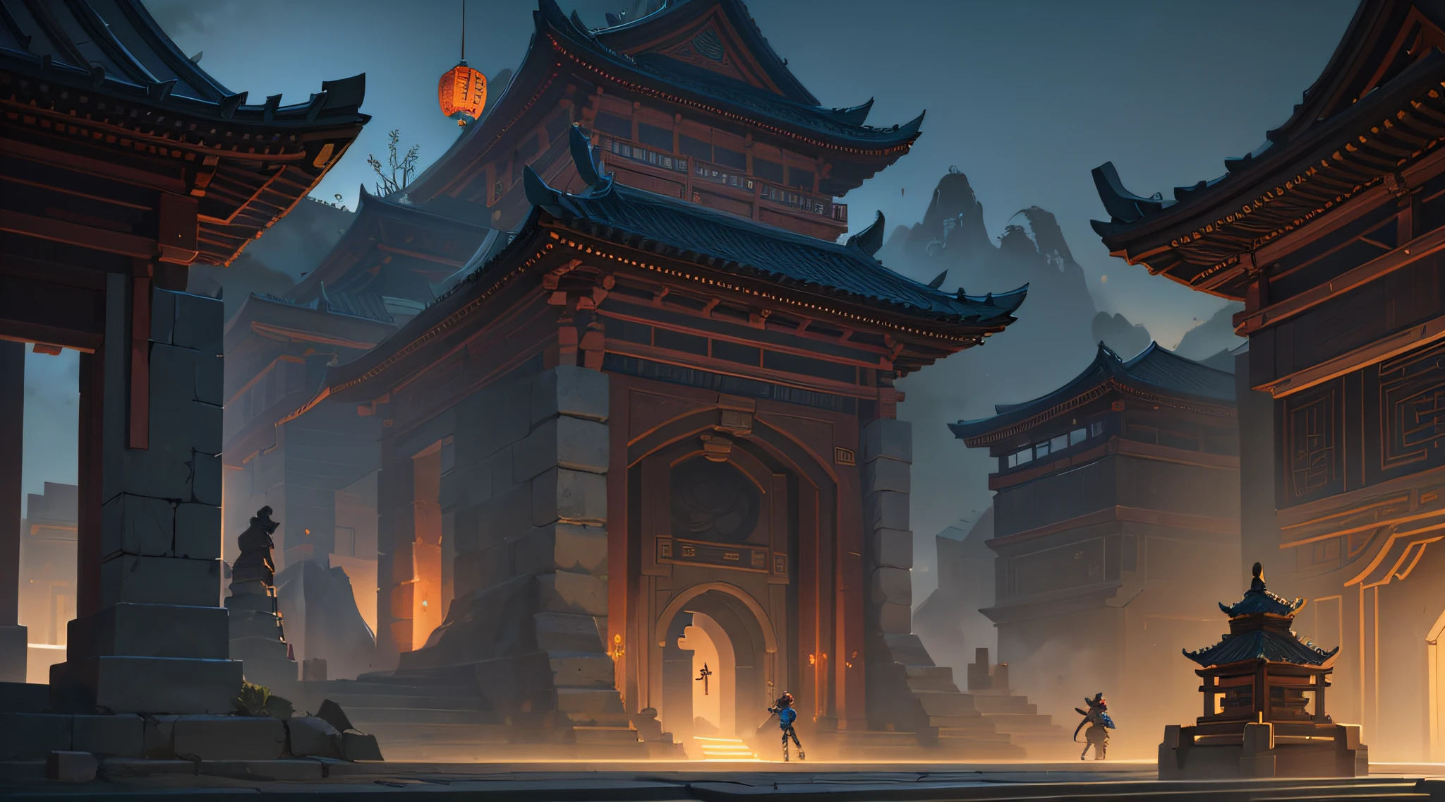 Ancient Chinese arch close-up, low building, night, dark tones, big perspective, looking up, barefoot, fist game concept art, rossdraws global lighting, ross tran. Landscape background, painting concept art, Ross Tran and Bayard Wu, painting as game concept art, League of Legends concept art, stylized concept art, Blizzard Hearthstone concept art, Overwatch sojourn, architectural details texture clear, perspective correct, ancient Chinese architecture