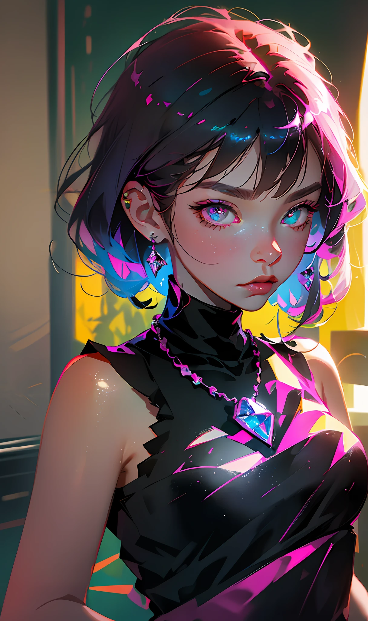 Selfie of a girl with black to pink gradient hair, black short sleeves, a necklace, ear studs, delicate eyes, deep pupils, masterpiece