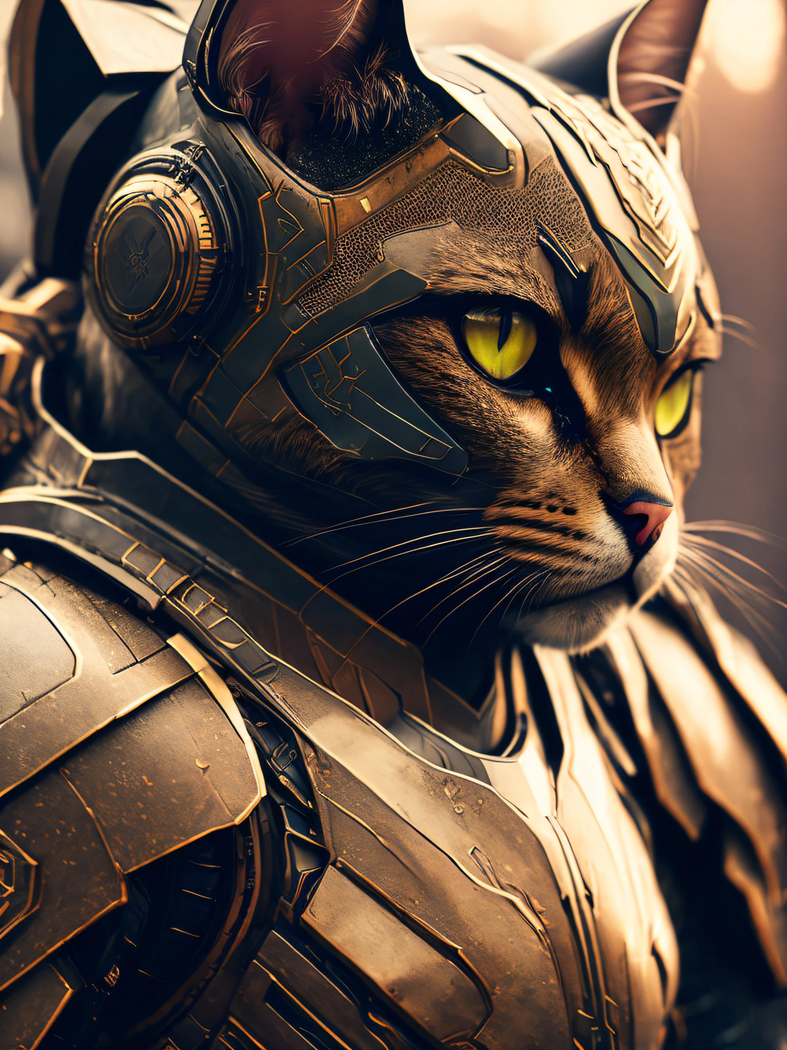 A cute cat as the doomslayer, realistic scifi cyberpunk power armor robot, closeup portrait cinematic, 8k, hdr, ((intricate details, hyperdetailed)), (backlit:1.3), (cinematic:1.3), (ArtStation:1.3)