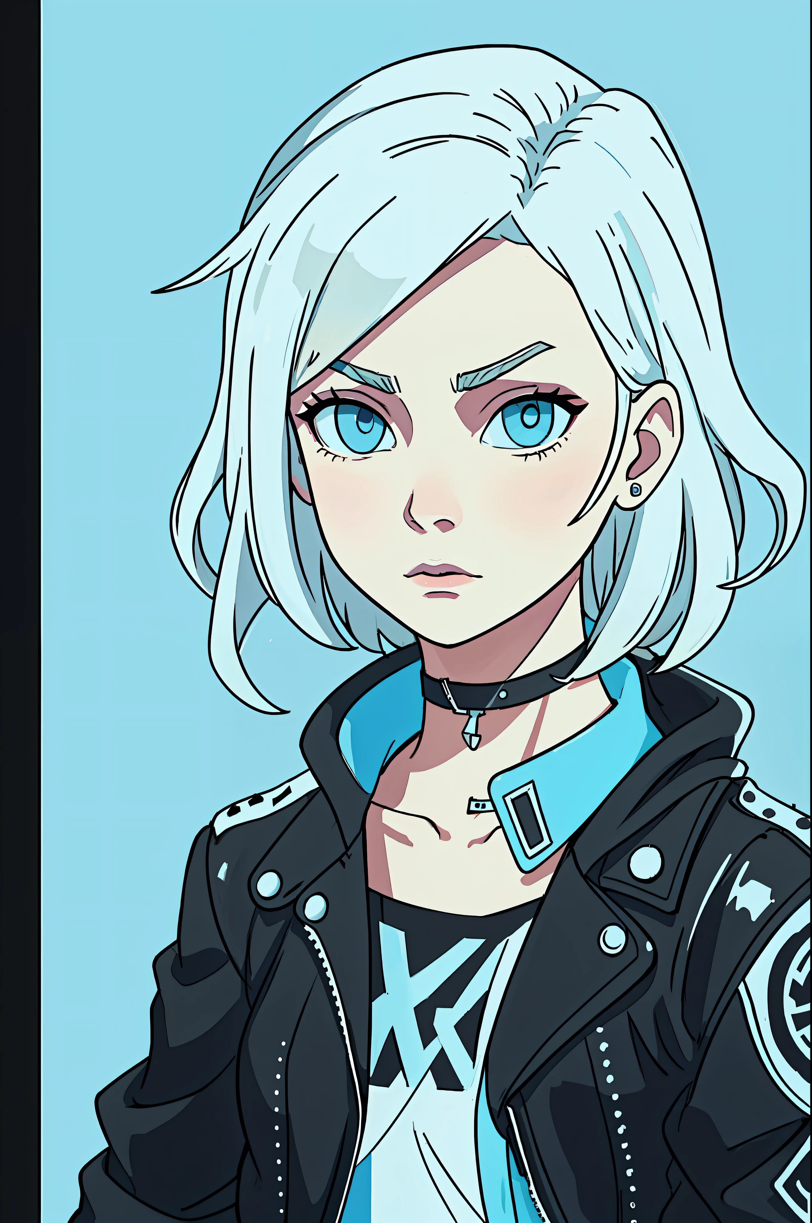 a waist length portrait of a punk girl in a leather jacket, short wavy blonde hair with black streaks, light blue eyes, fair skin, choker, highly detailed intricate film composition, cinematic lighting, hyper detailed, (white flat background)