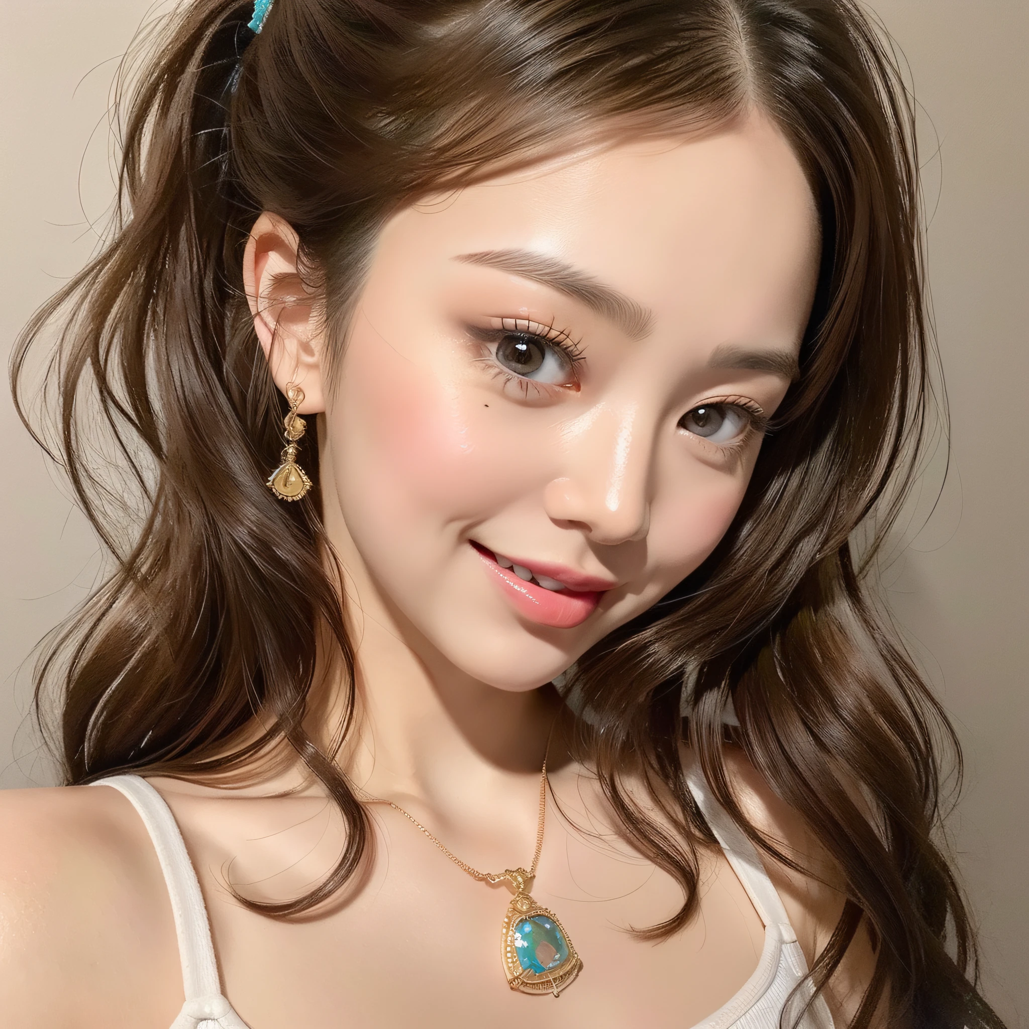 Masterpiece,Real, ((1 girl)), 8k,raw,face, cute,brown eyes, perfect lips, super detailed illustration, ((very beautiful & cute girl)), (very detailed beautiful face and eyes), necklace upper body, (light smile)))), look at the viewer, (short ponytail), open mouth, bathe,