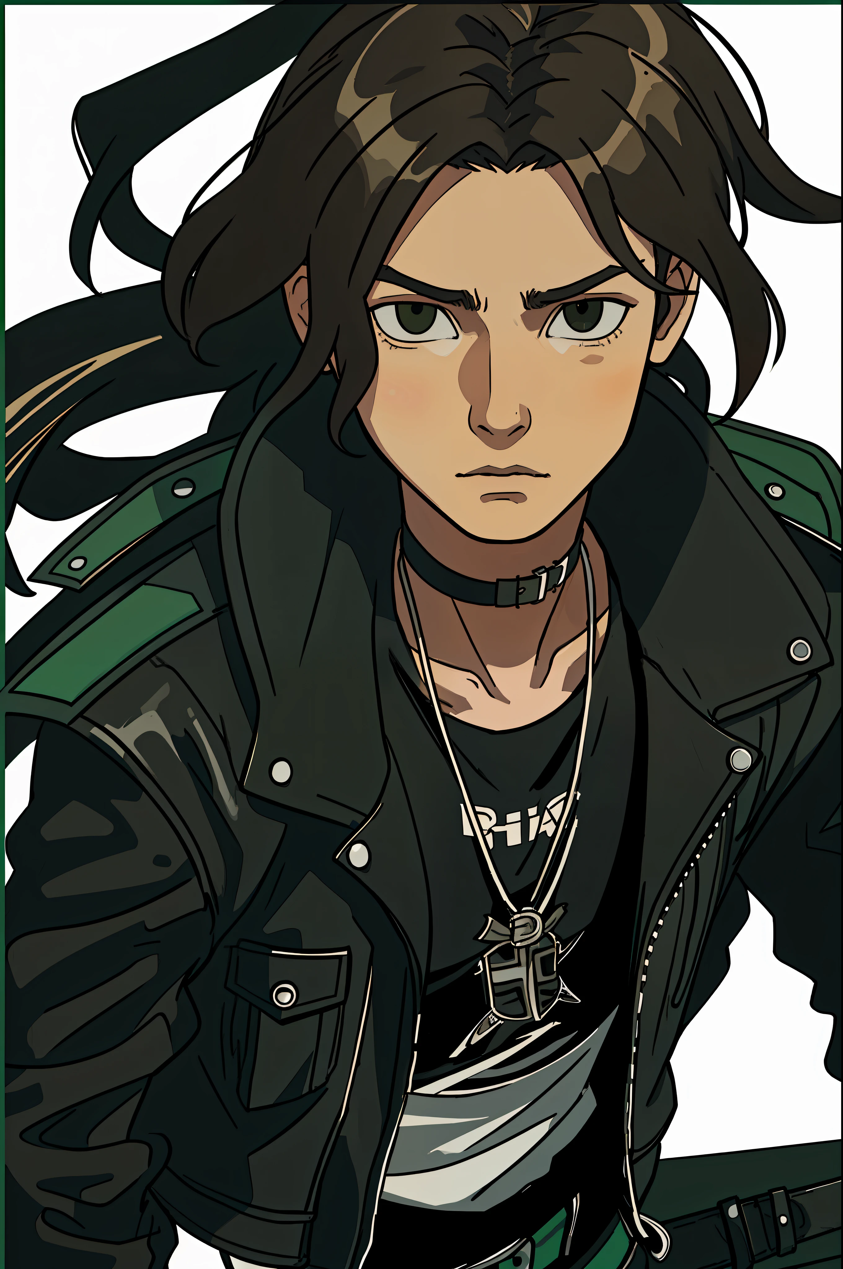 a waist length portrait of a punk boy in a leather jacket, short wavy brown hair with green streaks, light black eyes, fair skin, choker, highly detailed intricate film composition, cinematic lighting, hyper detailed, (white flat background)