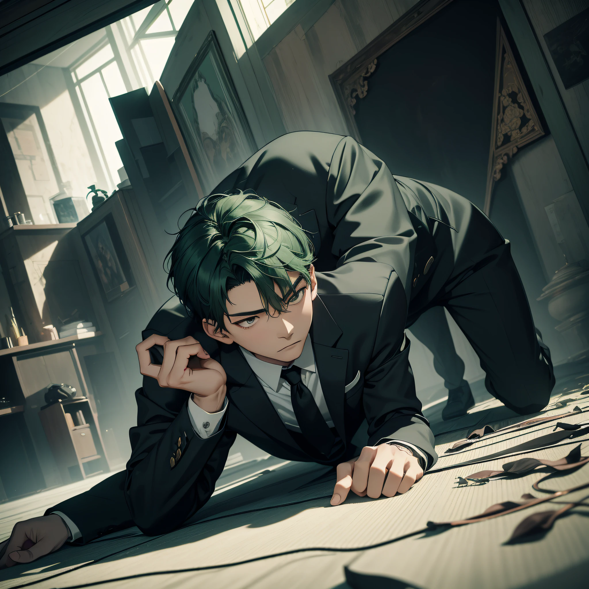 Absurd resolution, high resolution, (masterpiece: 1.4), hyperdetail, Asian, young man with short green hair, black suit, eerie room, nervous expression and trembling (1.3), lying on the ground (1.4)