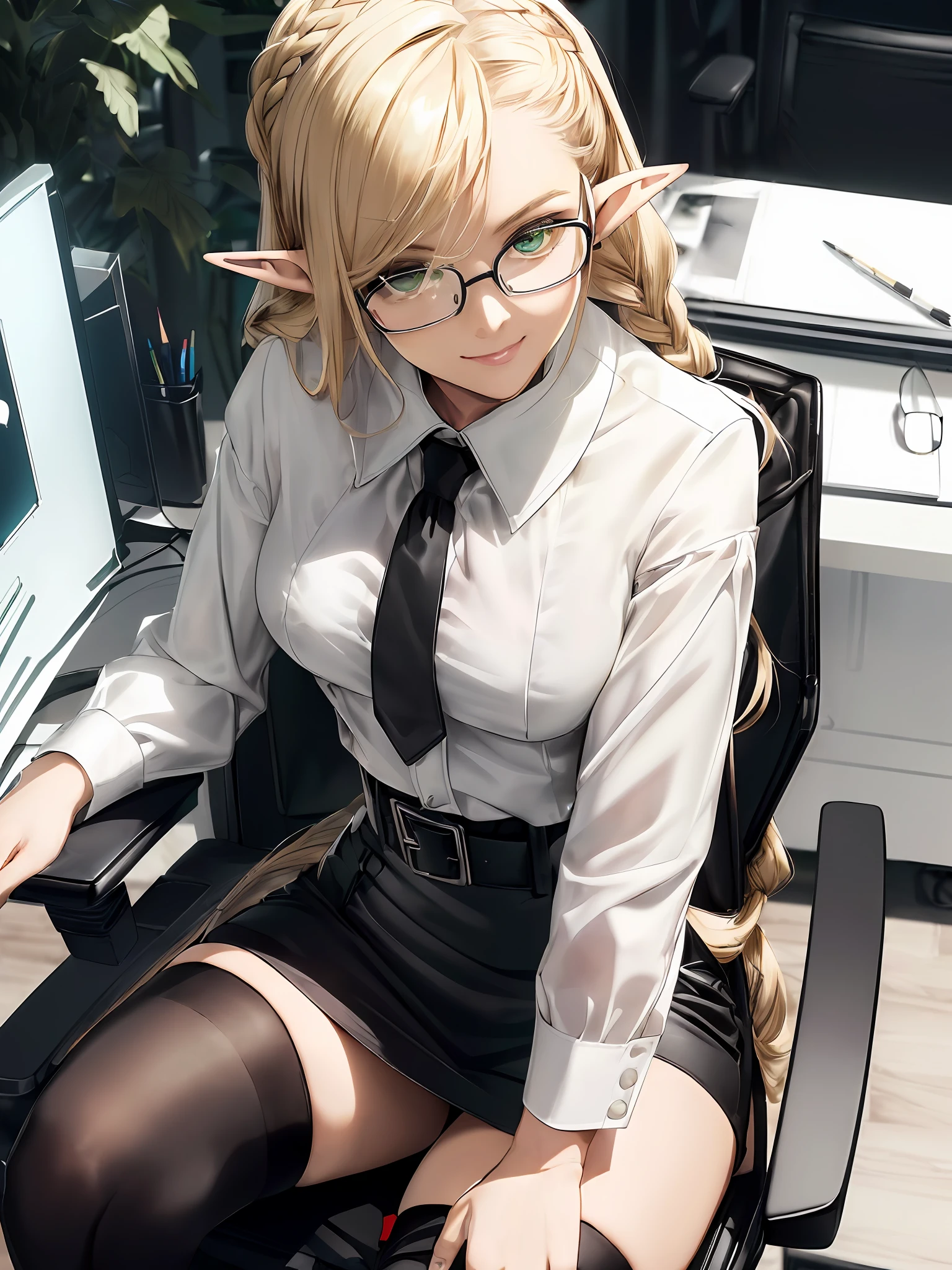 (((Masterpiece, top quality, precision, ultra-detail)))), ((Modern)), ((Elf OL))))), ((((Elf ears))), break, (((White blouse)), break, (Black and pencil skirt)))), break, ((Black over-the-knee tights))))), (Blonde long braid hair), (Glossy big green eyes)))), ((Big)), ((Design office)), ((PC on a stylish office desk)), break, ((((sit in a black office chair and open your legs))))), smile, (glasses))), (tilts your head)))), breeze, ((eye forcus)), dynamic angle, from above