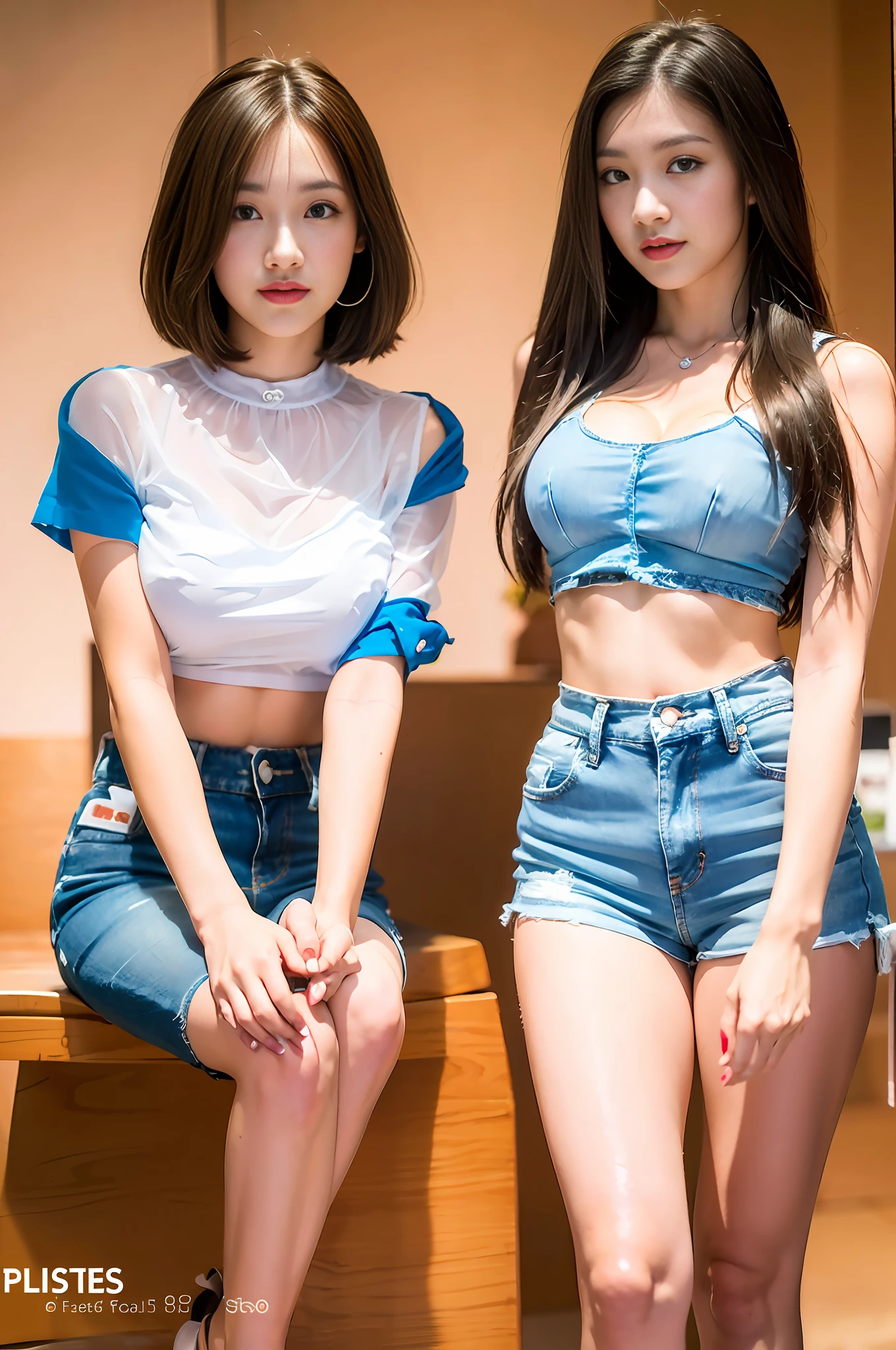 2 Girls Shoot, Sister Flower, (Sexy Pose, Seductive Pose, Realistic, Realistic Realistic, 16k HD, Masterpiece: 1.5, Focus: 1.8), 2 Cute Beautiful Girls, Girl 1keke and Girl 2aiai, Keke ((([Wearing crop top skinny denim shorts and sheer shirt]), cute schoolgirl, slim perfect, (fashion short medium distribution, straight hair: 1.5), Japanese 18 year old girl, (wearing skinny denim shorts), (low-rise crop top : 1.5), [ (realistic details brand denim shorts: 1.2)], wearing fashion sheer tight short sleeves, sheer top (brand: 1.5, slim, realistic see-through: 1.5, transparent: 1.5, bare breasts and nipple bulge: 1.5), rounded white calves: 1.2, wearing stiletto sandals (delicate stiletto heels crystal band sandals, high quality: 1.2))), aiai[((aiai wearing crop top top, skinny denim skirt and sheer shirt], cute schoolgirl with a slim and perfect figure, (fashion shawl hair, straight hair: 1.5), Japanese 18 year old girl, [(wearing denim skirt: 1.2), (low-rise crop top: 1.5)], (realistic detailed high-end brand denim skirt: 0.8), wearing stylish sheer tight short sleeves, sheer top (brand: 1.5, slim, realistic perspective: 1.5, transparent: 1.5, exposed breasts and areola: 1.5), round white calf: 1.2 wearing stiletto heel sandals (delicate stiletto heels crystal band sandals, High quality:1.2))), surreal schoolgirl, dress up as schoolgirl, surreal schoolgirl, realistic schoolgirl, schoolgirl pose, model pose, shoot full body ((full body: 1.8)), beautiful skin, glowing skin, slim beautiful thighs, perfect thighs: 1.0, perfectly rounded calves: 1.0, white and tender toes: 1.0, beautiful breasts: 1.5, beautiful breasts: 1.5, beautiful buttocks: 1.5, upturned buttocks: 0.7, best quality, fair skin, Real skin, (detail face), goose egg face, pores, super high resolution, (8k, RAW photo, realistic: 1.4), 1 girl, slim, (smile, teeth and tongue: 1.2, happiness: 1.2), (lip gloss, eyelashes, glossy face, best quality, super high resolution, wide lighting, natural shadows), sexy, sho