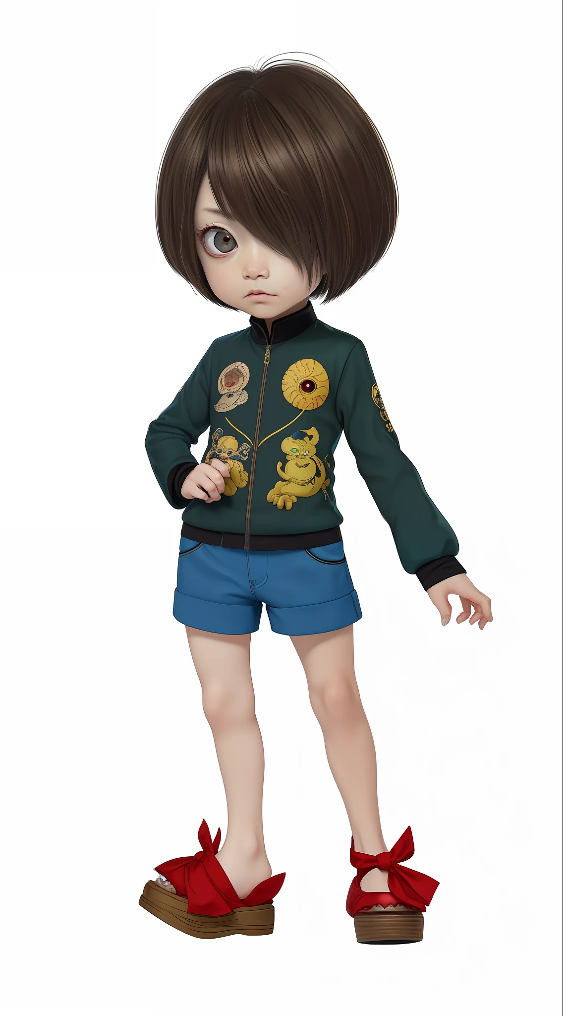 brown hair, hide eyes, boy, blue jacket, ogre, demon form, hannya, (((raw photo,8k)),(photorealistic:1.3),(masterpiece),(best quality),ultra high resolution, (best illustration),smooth,(bokeh:1.4),nikon d850, nikon af-s nikkor 58mm f/1.4g lens, anime, gegege no kitaro, mizuki shigeru, horror, Eyeball Oyaji