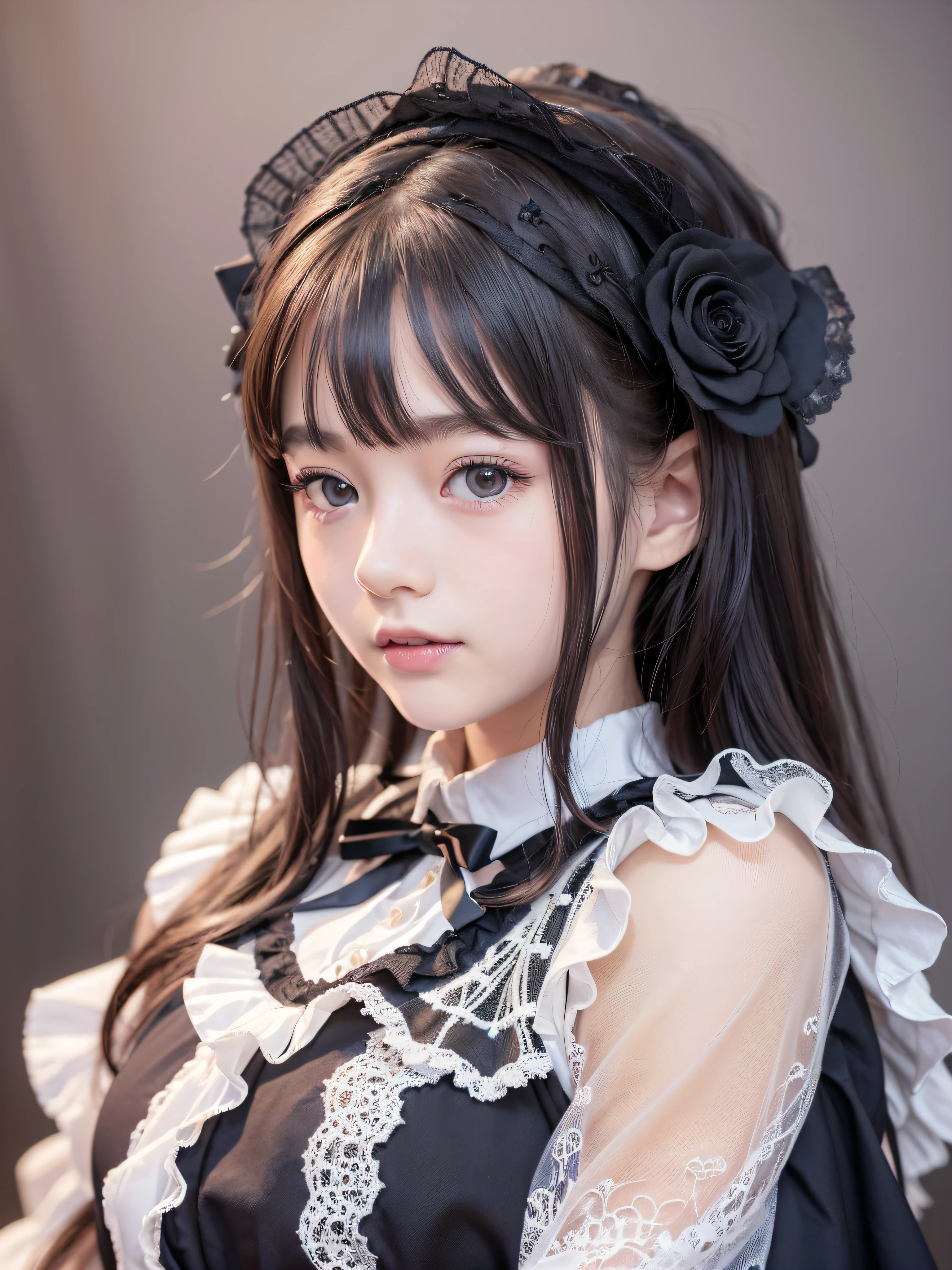 1 nogizaka girl, utterly cute, bishojo, yo, (gothic lolita fashion), an exquisitely detailed and beautiful face and eyes and skin, detailed black shine hair, elegant frills, frilled tie, ribbon tie, rose hair accessory, (smile at the camera), (cowboy shot), (castle in europe), professional lighting, BREAK, (realistic, photo-realistic:1.37), 8k, (masterpiece), (best quality:1.4), (ultra high res:1.2), (RAW photo:1.2), (a dress with delicate lace, soft fabric, and a beautiful rose pattern), perfect anatomy, 4fingers and 1thumbs, ultra detailed background, (unity 8k wallpaper)