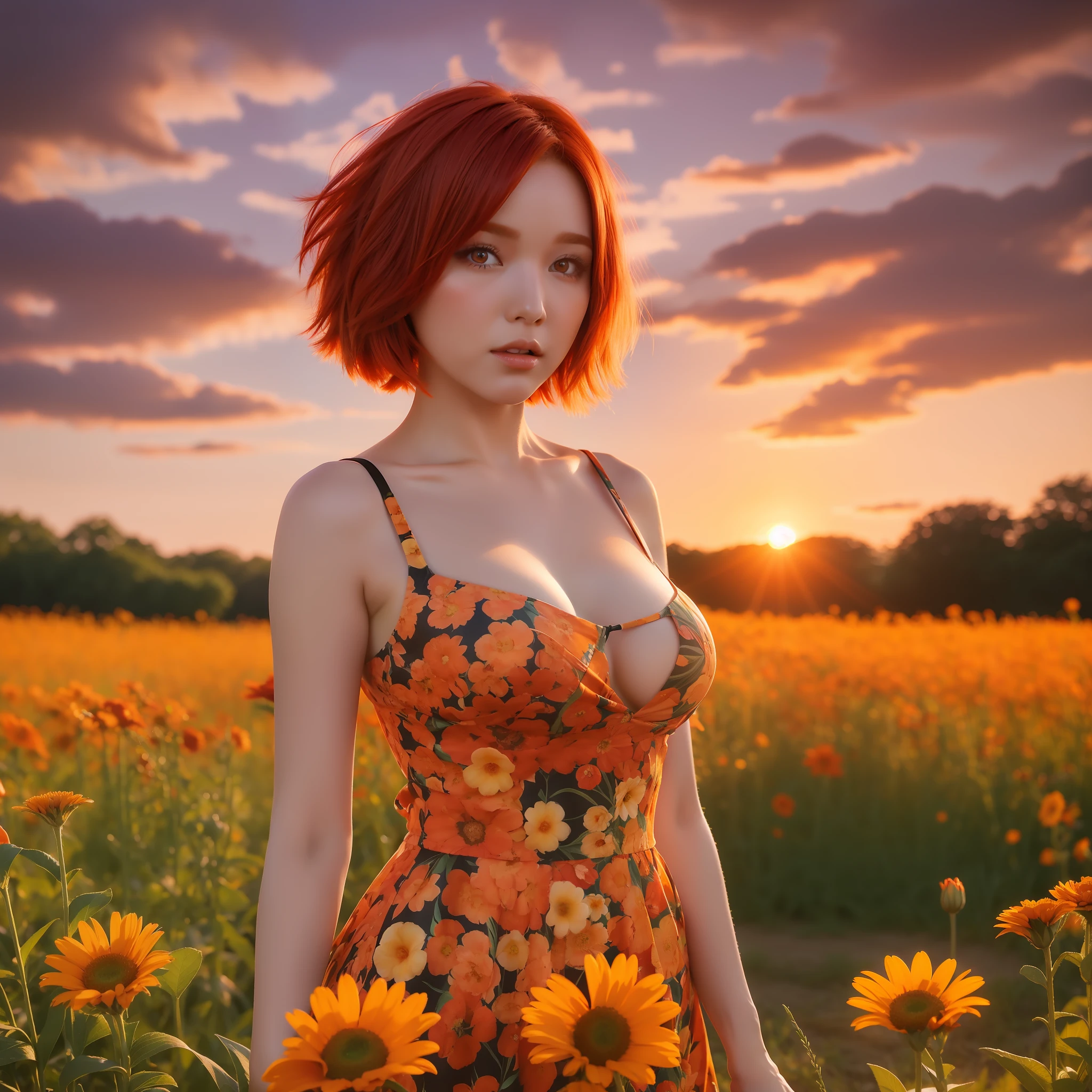 red hair, orange eyes, short hair, hair flower, large breasts, flower field, standing, sunset