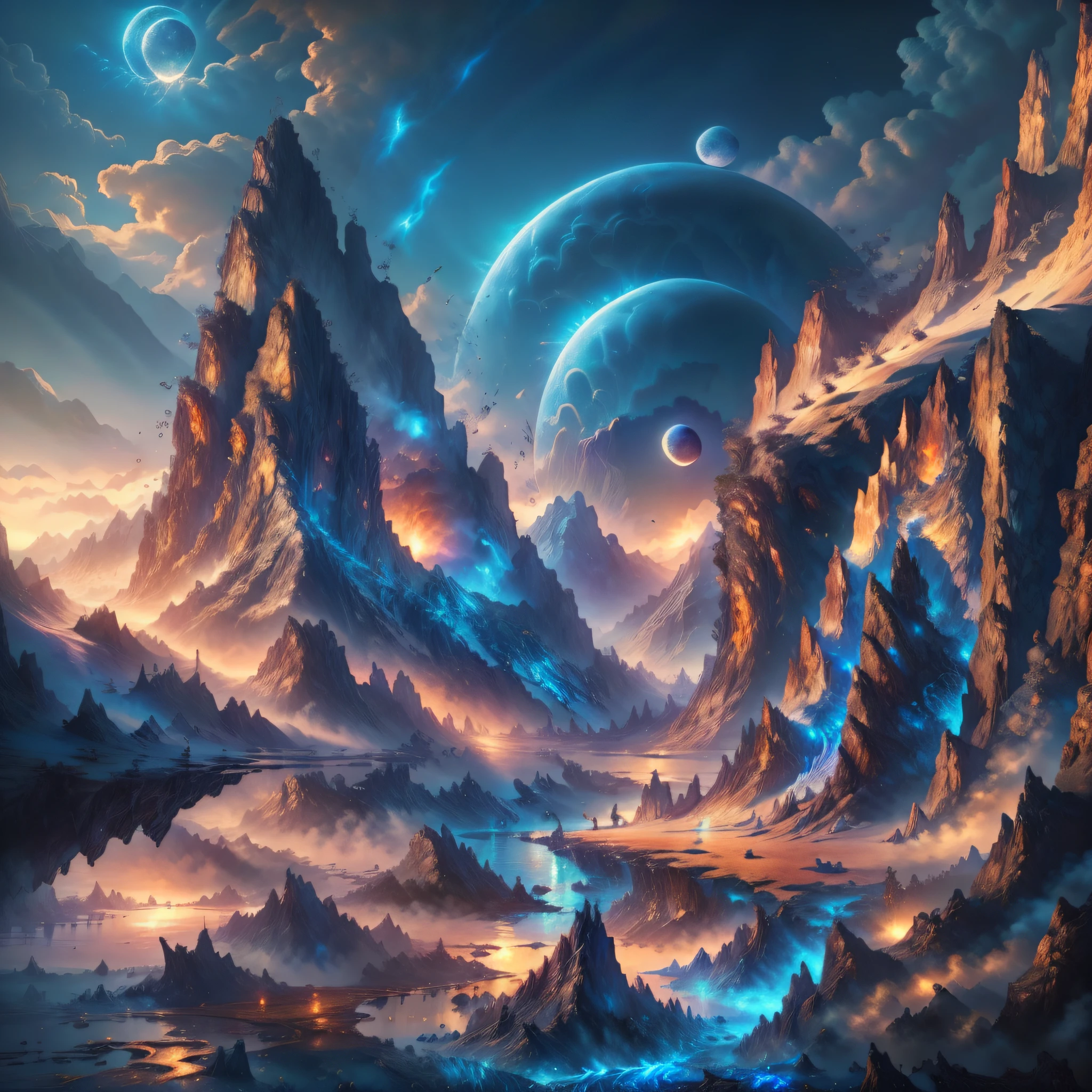 mountains and a lake with a moon in the sky, 4k highly detailed digital art, 4 k hd wallpaper very detailed, impressive fantasy landscape, sci-fi fantasy desktop wallpaper, unreal engine 4k wallpaper, 4k detailed digital art, sci-fi fantasy wallpaper, epic dreamlike fantasy landscape, 4k hd matte digital painting, 8k stunning artwork