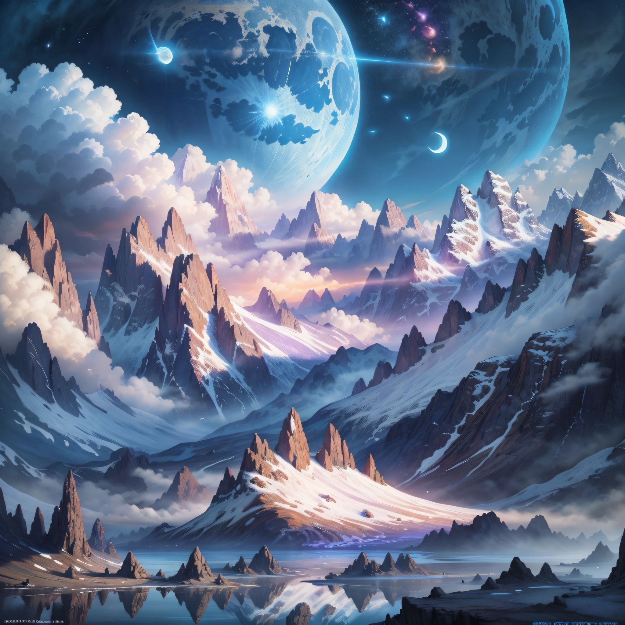 mountains and a lake with a moon in the sky, 4k highly detailed digital art, 4 k hd wallpaper very detailed, impressive fantasy landscape, sci-fi fantasy desktop wallpaper, unreal engine 4k wallpaper, 4k detailed digital art, sci-fi fantasy wallpaper, epic dreamlike fantasy landscape, 4k hd matte digital painting, 8k stunning artwork