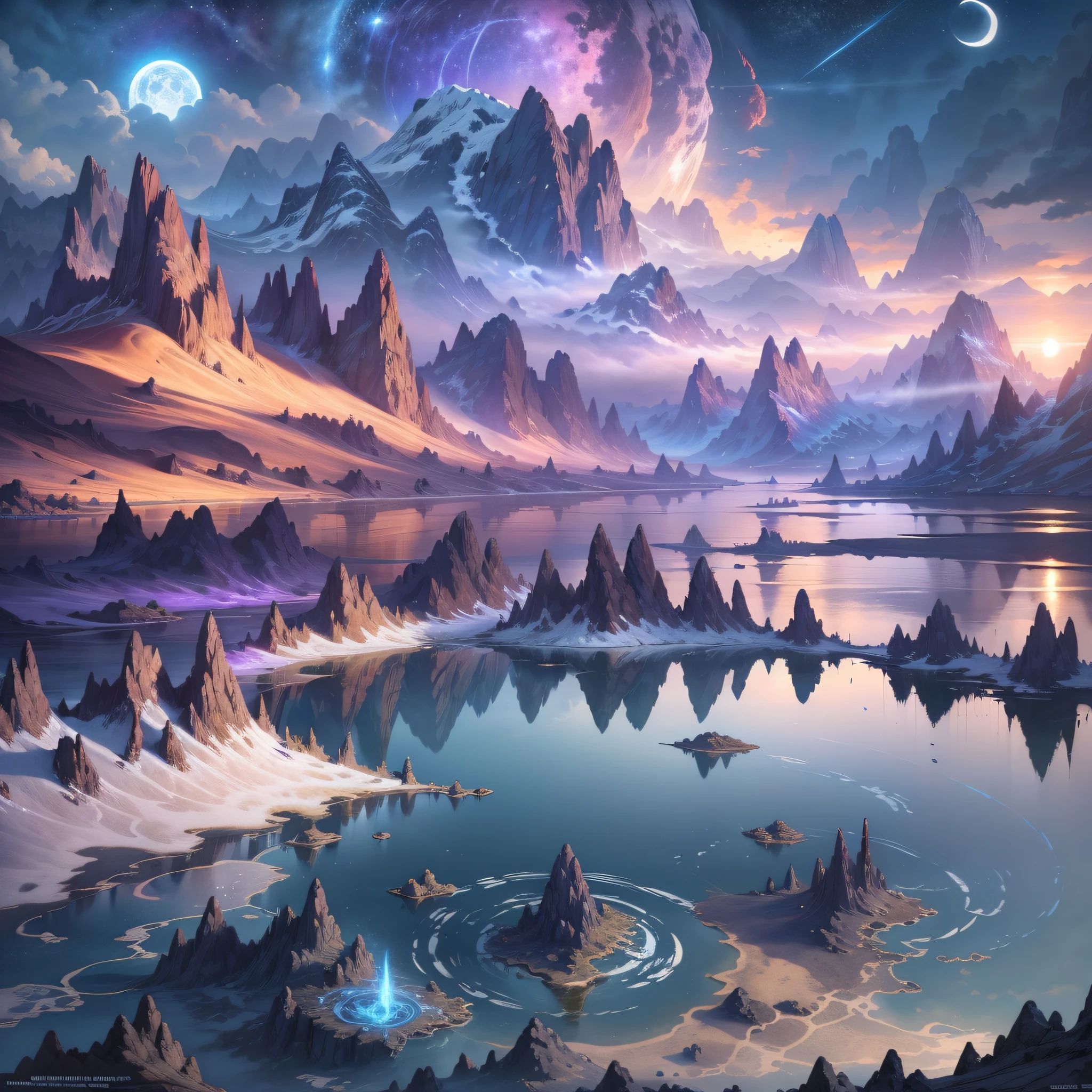 mountains and a lake with a moon in the sky, 4k highly detailed digital art, 4 k hd wallpaper very detailed, impressive fantasy landscape, sci-fi fantasy desktop wallpaper, unreal engine 4k wallpaper, 4k detailed digital art, sci-fi fantasy wallpaper, epic dreamlike fantasy landscape, 4k hd matte digital painting, 8k stunning artwork