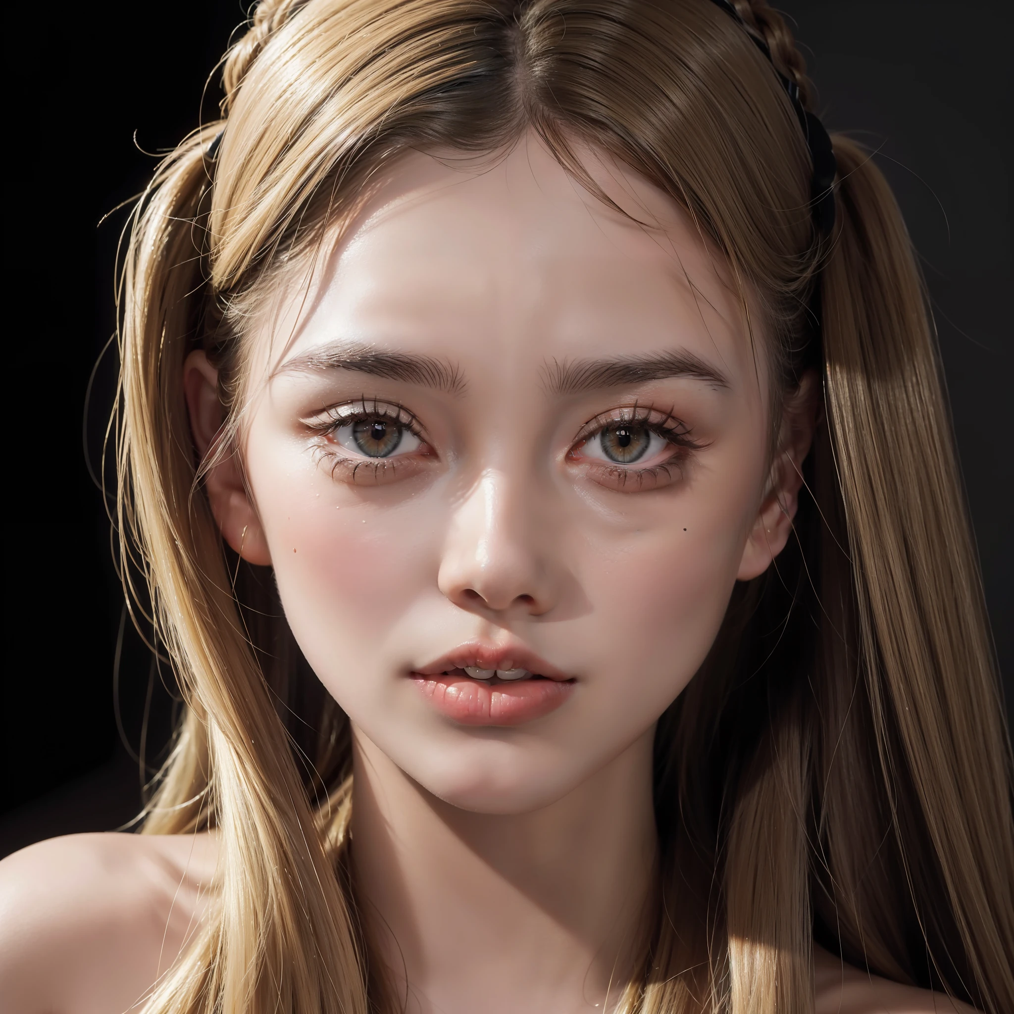 (8k, 4k, best quality, highres, ultra high res:1.1), (masterpiece, realistic, photo-realistic:1.1), 1girl,  face, close-up, twintails, blonde hair, black eyes, red lips,  (looking at viewer:2), absurdly long hair, long eyelashes, eyeshadow,  small face, big eyes,
bare shoulders,
high contrast,