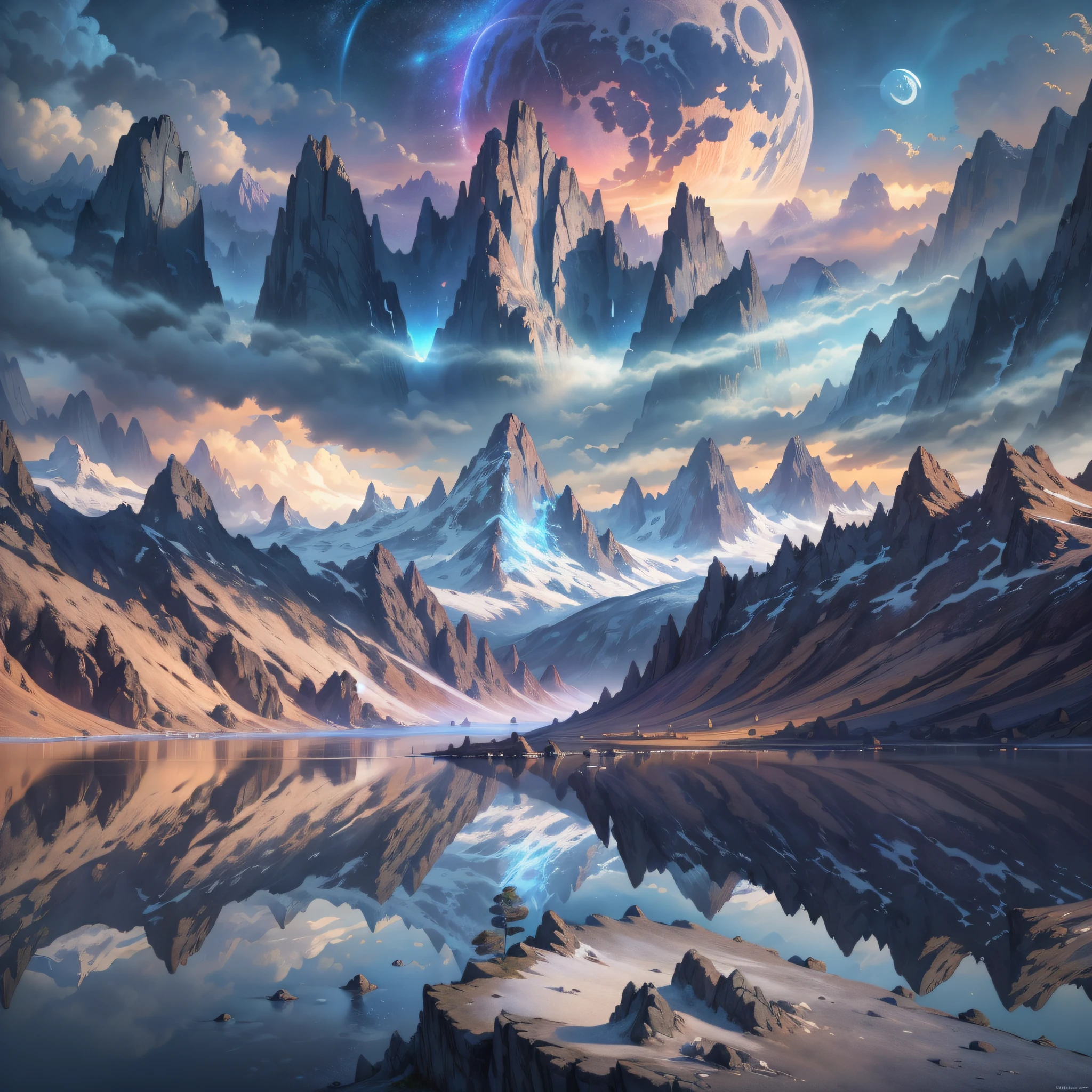 mountains and a lake with a moon in the sky, 4k highly detailed digital art, 4 k hd wallpaper very detailed, impressive fantasy landscape, sci-fi fantasy desktop wallpaper, unreal engine 4k wallpaper, 4k detailed digital art, sci-fi fantasy wallpaper, epic dreamlike fantasy landscape, 4k hd matte digital painting, 8k stunning artwork