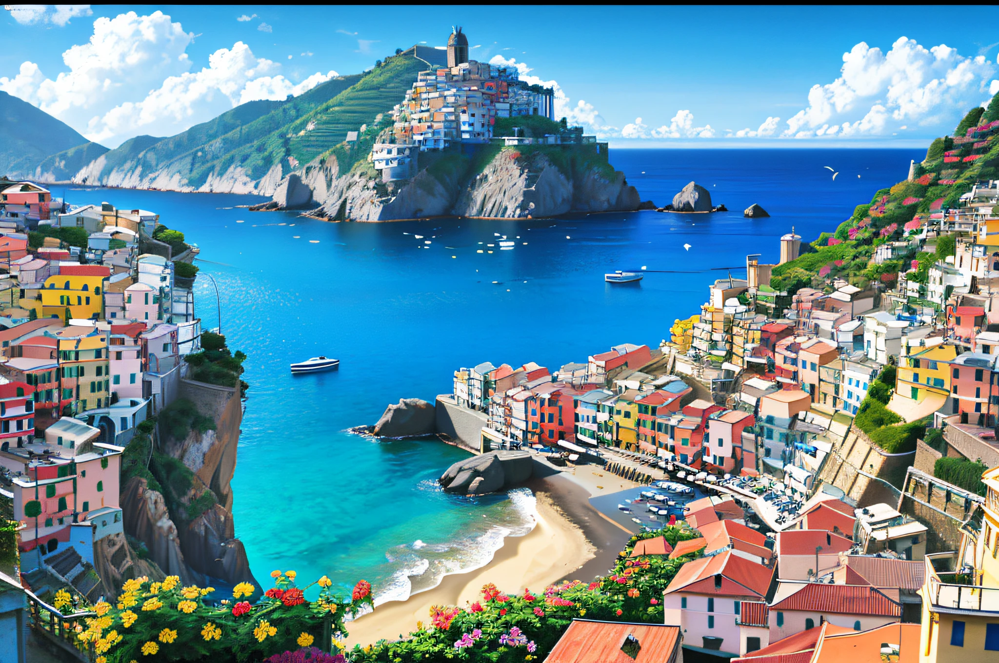 there is a view of a small town on the coast, cinq terre, cliffside town, italian mediterranean city, italy, rich picturesque colors, mediterranean island scenery, pexels contest winner, unsplash contest winning photo, unsplash contest winner, beautiful place, mediterranean vista, unsplash photo contest winner, by Matthias Weischer, beautiful italian beach scene