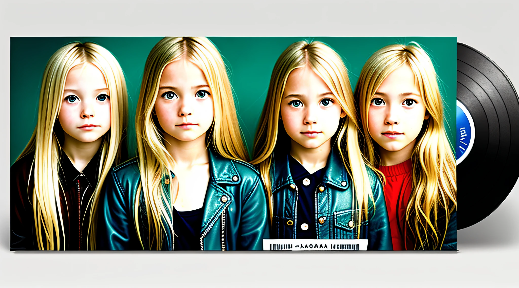 3 BLONDE GIRLS LONG HAIR CHILDREN IN LEATHER JACKET, A closeup of a CD and a CD box on a table, Packshot, CDs, CD Jacket, DVD Package, Medium Close Shot, Detailed Product Image, Medium Wide Shot, Medium Closeup, Close Medium Shot, New Boards of Canada album cover, soft vinyl, round format,  Boards of Canada album cover, BLU - Ray Transfer 5 K, Fujifilm"