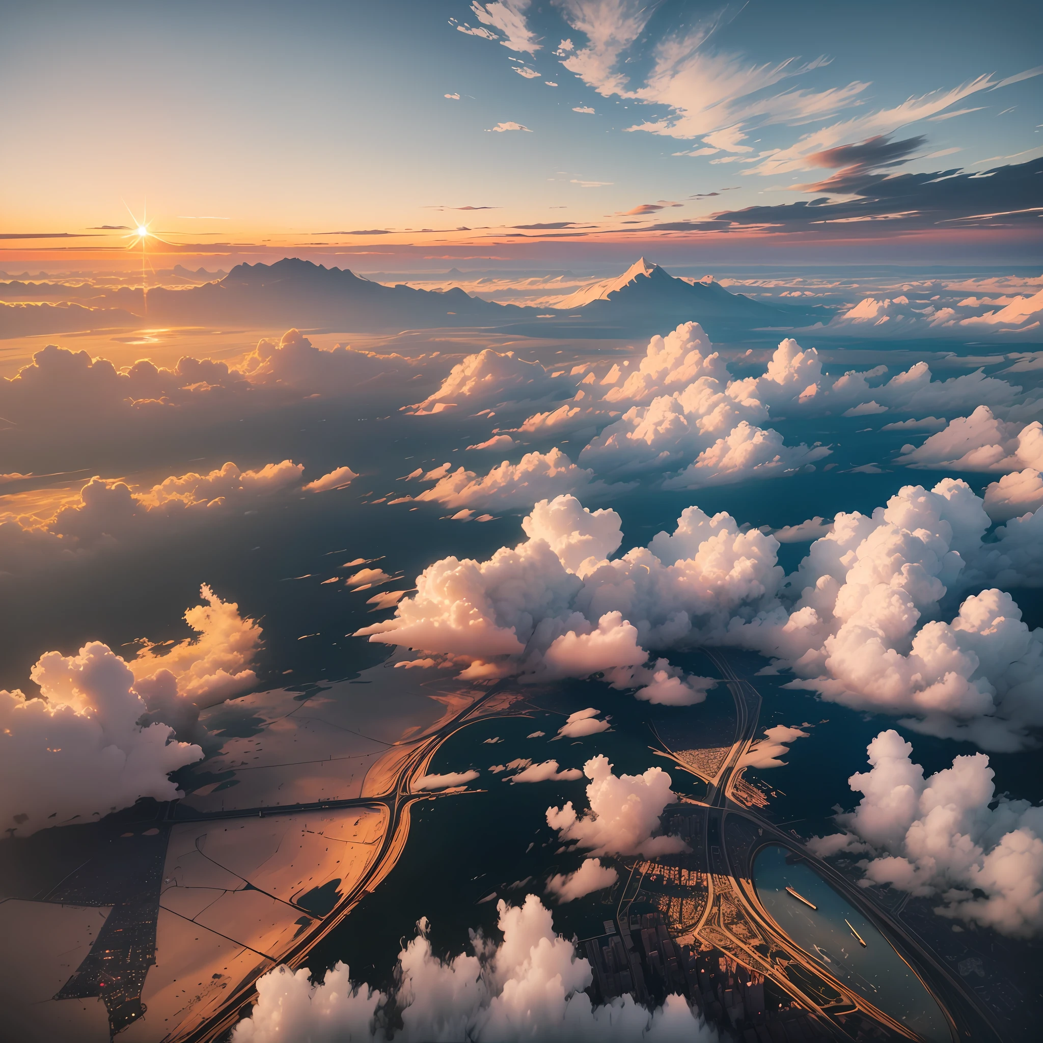 A view of the skyline during the golden hour, looking down from the plane, intricate clouds, rivers, clouds, cities --auto --s2