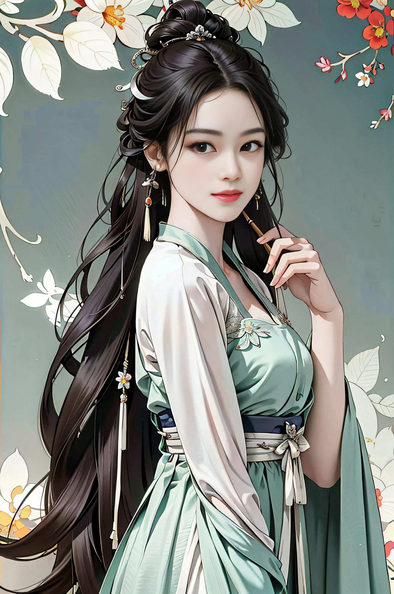 upper body, oil painting, masterpiece, best quality, highres, long brown hair, jewelry hairpin, breast, riverside and chair, sitting, song Dynasty, song clothing,