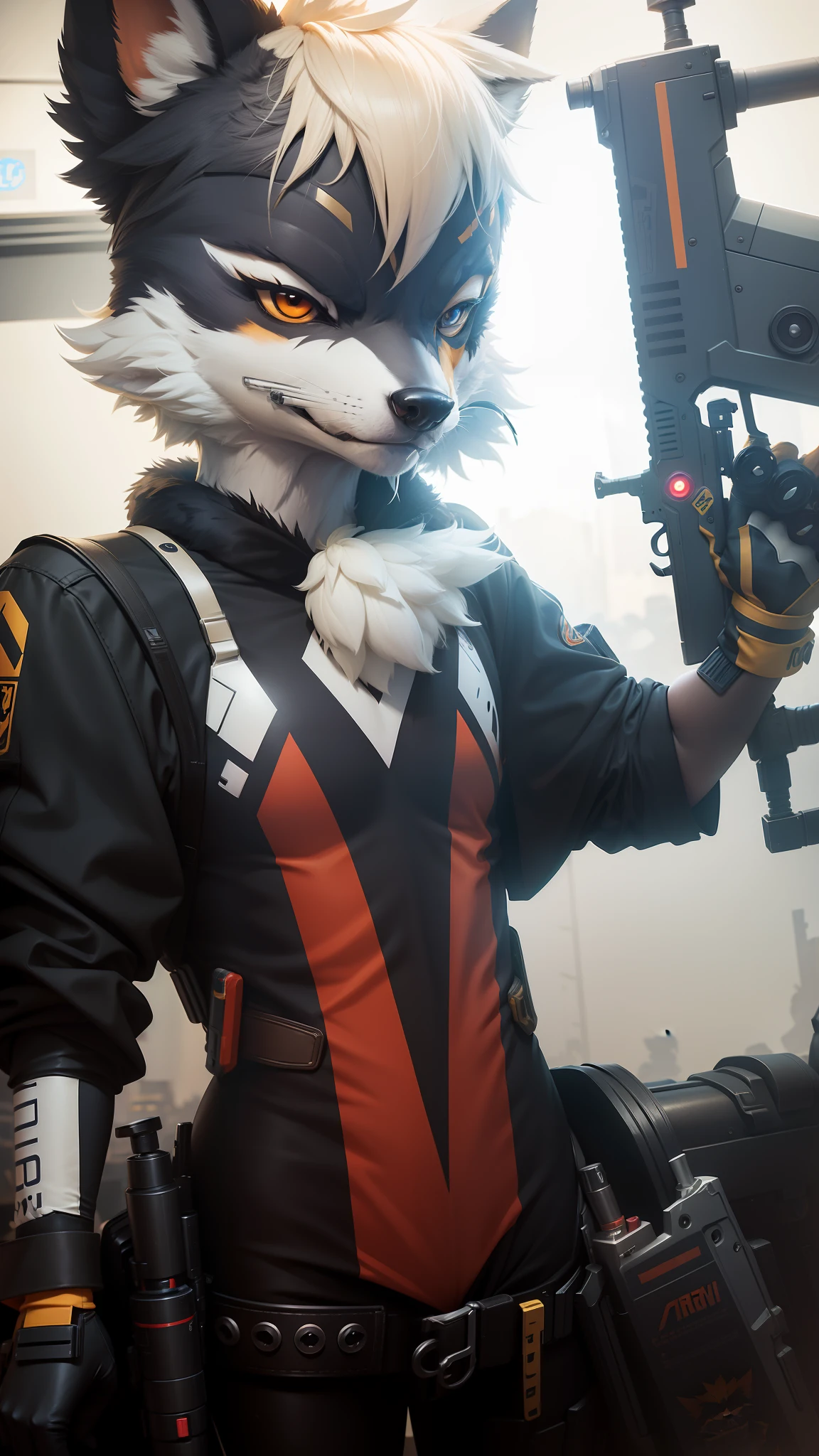 araffe dressed in a costume holding a gun and a gun, fursuit, as an overwatch character, an anthropomorphic cyberpunk fox, as overwatch character, fursuit!!!!, full body with costume, furry character, full body mascot, professional cosplay, racoon holding a laser gun, full costume, kitsune inspired armor, furry furaffinity