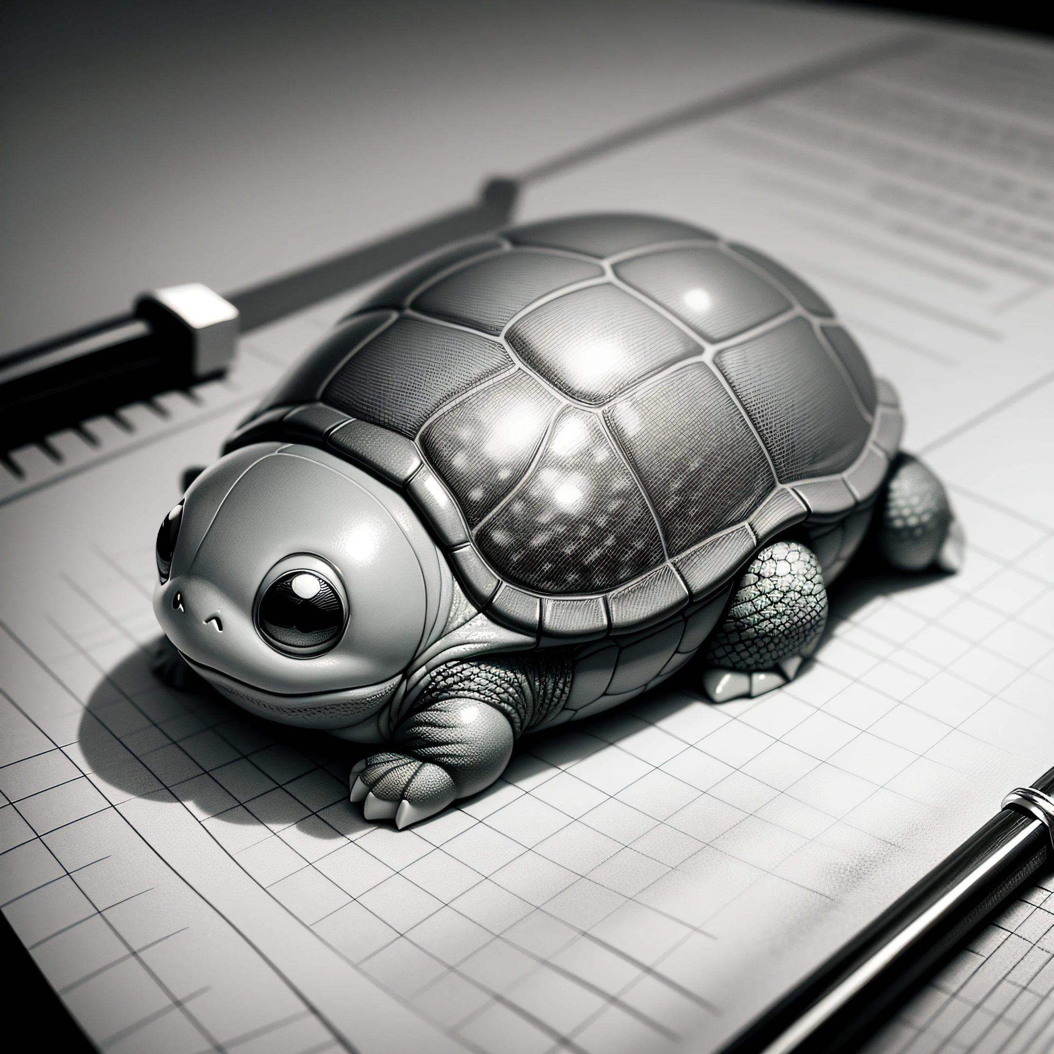 Blind box, little turtle with knife, scan, black and white, sketch, light and shadow, projection, cute --auto --s2