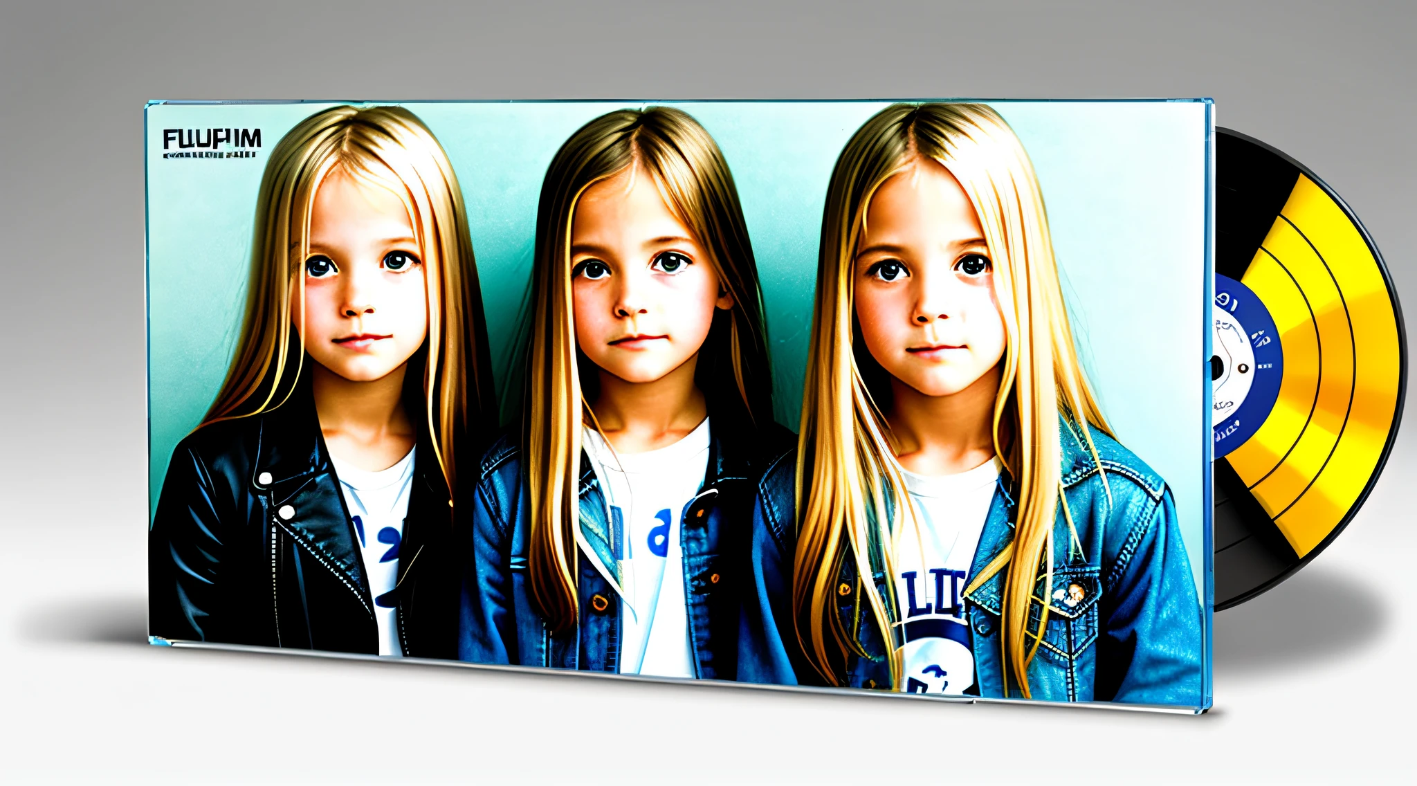 3 BLONDE GIRLS LONG HAIR CHILDREN IN LEATHER JACKET, A closeup of a CD and a CD box on a table, Packshot, CDs, CD Jacket, DVD Package, Medium Close Shot, Detailed Product Image, Medium Wide Shot, Medium Closeup, Close Medium Shot, New Boards of Canada album cover, soft vinyl, round format, Boards of Canada album cover, BLU - Ray Transfer 5 K, Fujifilm"