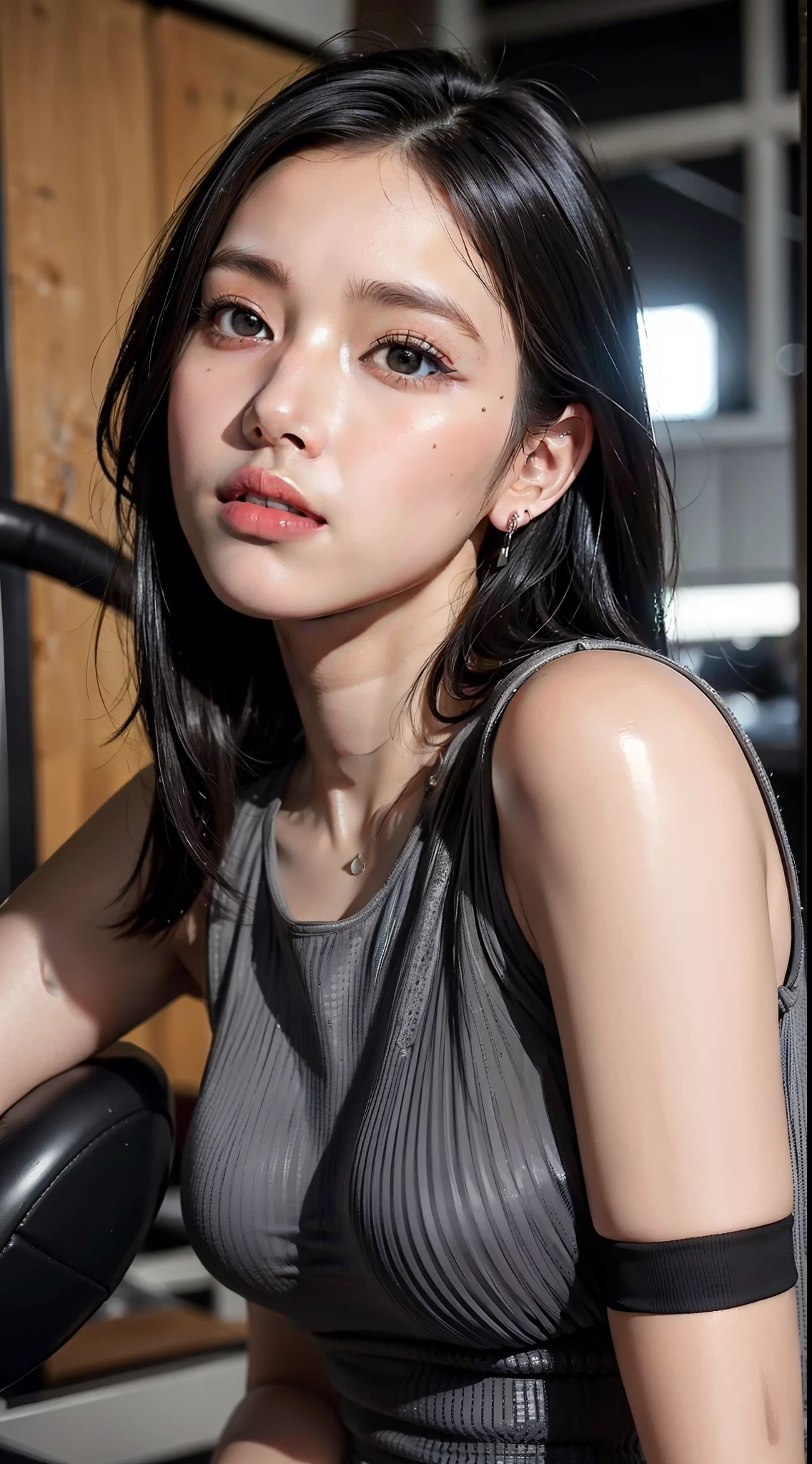 Masterpiece, top quality, raw photo, photorealistic, big, face light, shiny skin, high resolution, super detail, detail, detailed eyes and face, sharp pupils, smile, sharp focus, shiny skin, black hair, long hair, earrings, gym, sporty clothes, running machine