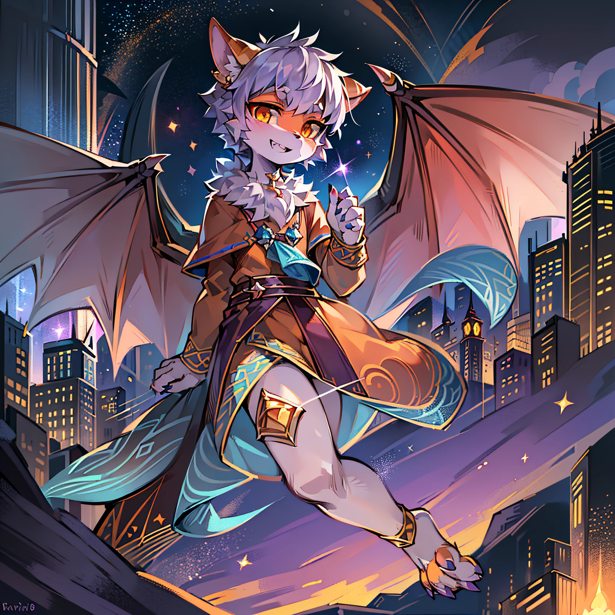 Bright environment, high quality, fine details, (ddlers,dragons, females, animals: 1.5), absurd Res, digital painting (artwork), (dragons, fluffy fur, character focus: 1.2), short hair, (bright eyes, orange left eye, Apple-green right eye: 1.3), (short dragon horn: 1.4), panorama, (character focus: 1.3), furry, (full body fur, furry tail, orange fur, orange eyes, gray hair: 1.4), (wings: 1.3), (long canine teeth: 1.0), (archer: 1.4), (Bow: 1.6), (Bow: 1.6), (Bow: 1.6), (Bow: 1.6), (Face Details, Ear Details, Foot Details, Hand Details: 1.1), Cute, (Tower of God, Blue Tower, Purple, Blue, Purple Sky, Starry Sky, Civilization, Order: 1.4)