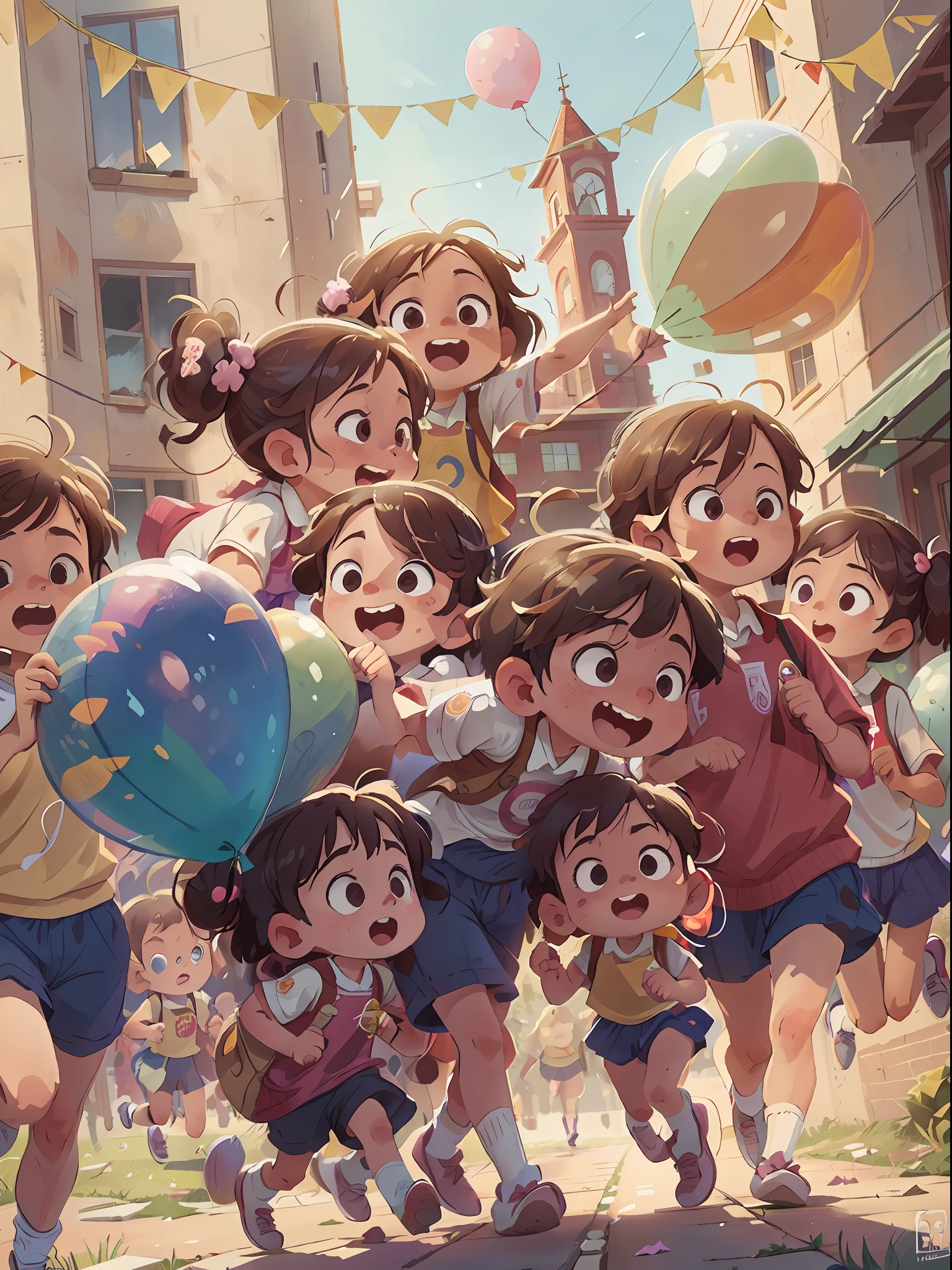 (SFW), a group of running children, in front of the school, holding balloons, happy, happy, perfect quality, clear focus, (clutter - home: 0.8), (masterpiece: 1.2) (Realistic: 1.2) (bokeh) (Best quality) (Detailed skin: 1.3) (Intricate details) (8K) (Detail Eyes) (Sharp Focus), (Happy)