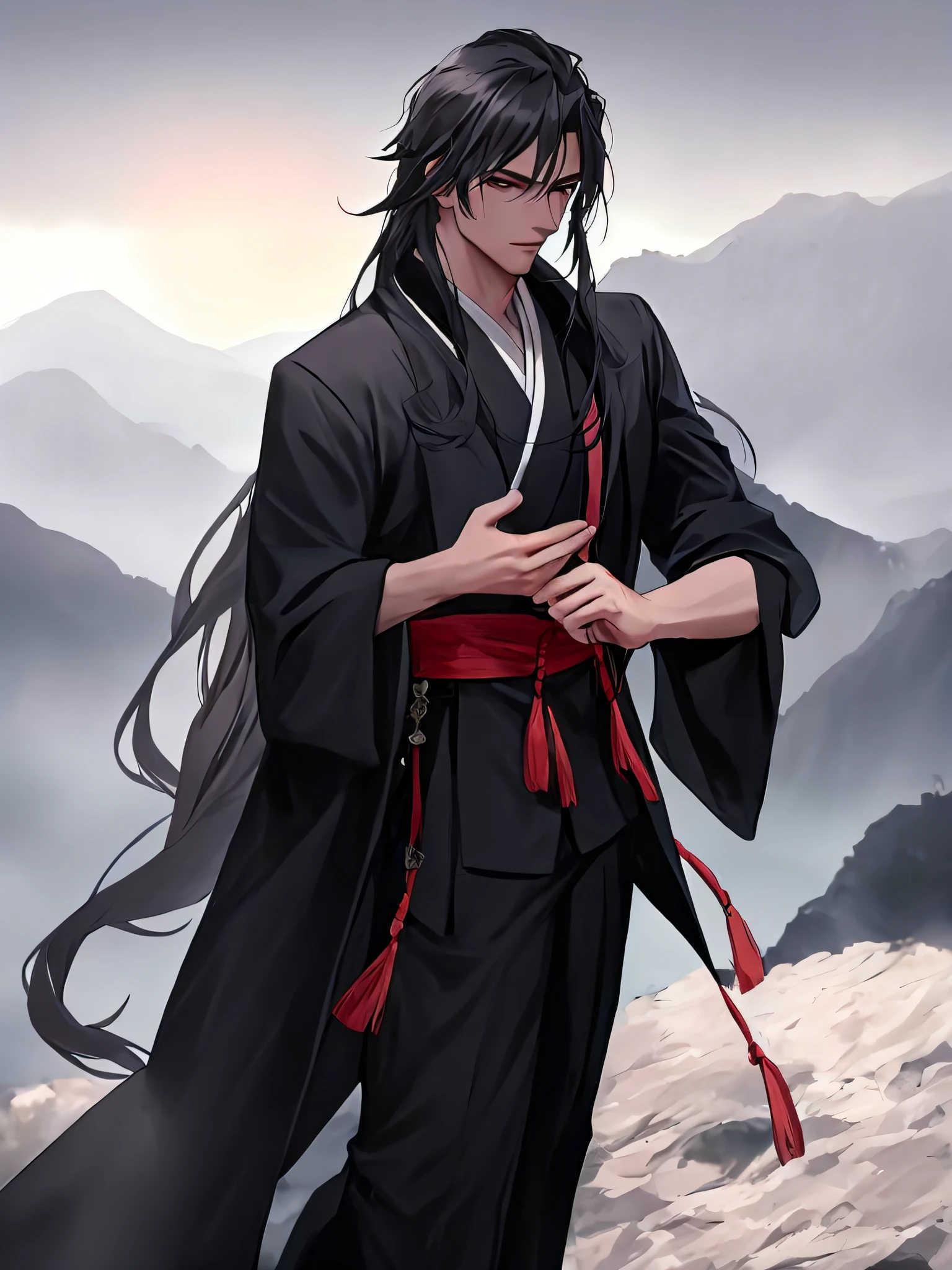 Anime man with black hair and black coat standing in front of the mountain, ancient costume martial arts Hanfu, side facing the audience, domineering eyes, martial arts image, handsome guy, by Yang J, anime handsome man, hands in trouser pockets, handsome and dashing standing posture, anime portrait of a handsome man, flowing hair and robes, long black hair --auto --s2