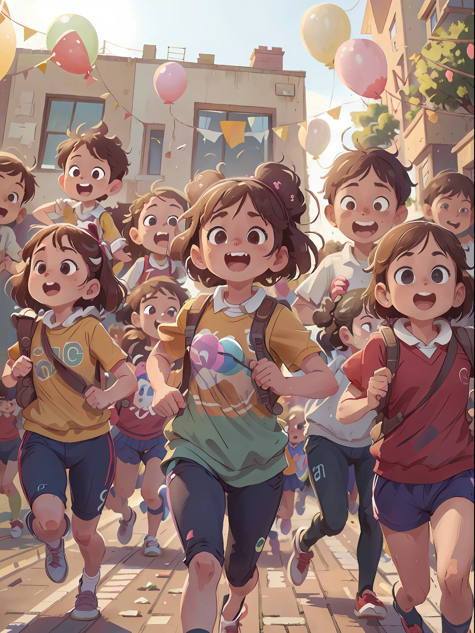 (SFW), a group of running children, in front of the school, holding balloons, happy, happy, perfect quality, clear focus, (clutter - home: 0.8), (masterpiece: 1.2) (Realistic: 1.2) (bokeh) (Best quality) (Detailed skin: 1.3) (Intricate details) (8K) (Detail Eyes) (Sharp Focus), (Happy)