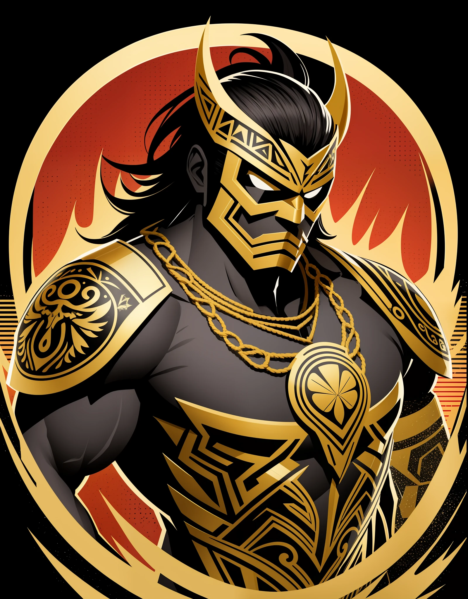 [Men, Full Body, Mexican Mask Man, Pro Wrestler, Dropkick], Coat of Arms Silhouette, Logo Masking Style Illustration, Black Background, Art, Realistic, Majestic, Golden Tones, Rich Vivid Color, High Contrast, Seamless Water Brand, Art Station, Deviant Art, Dribbling, Red Bubble, Tea Public, Sharp Focus, Simple, hyper detail, detailed drawing, vectorization, outline, isometric style, 8k.