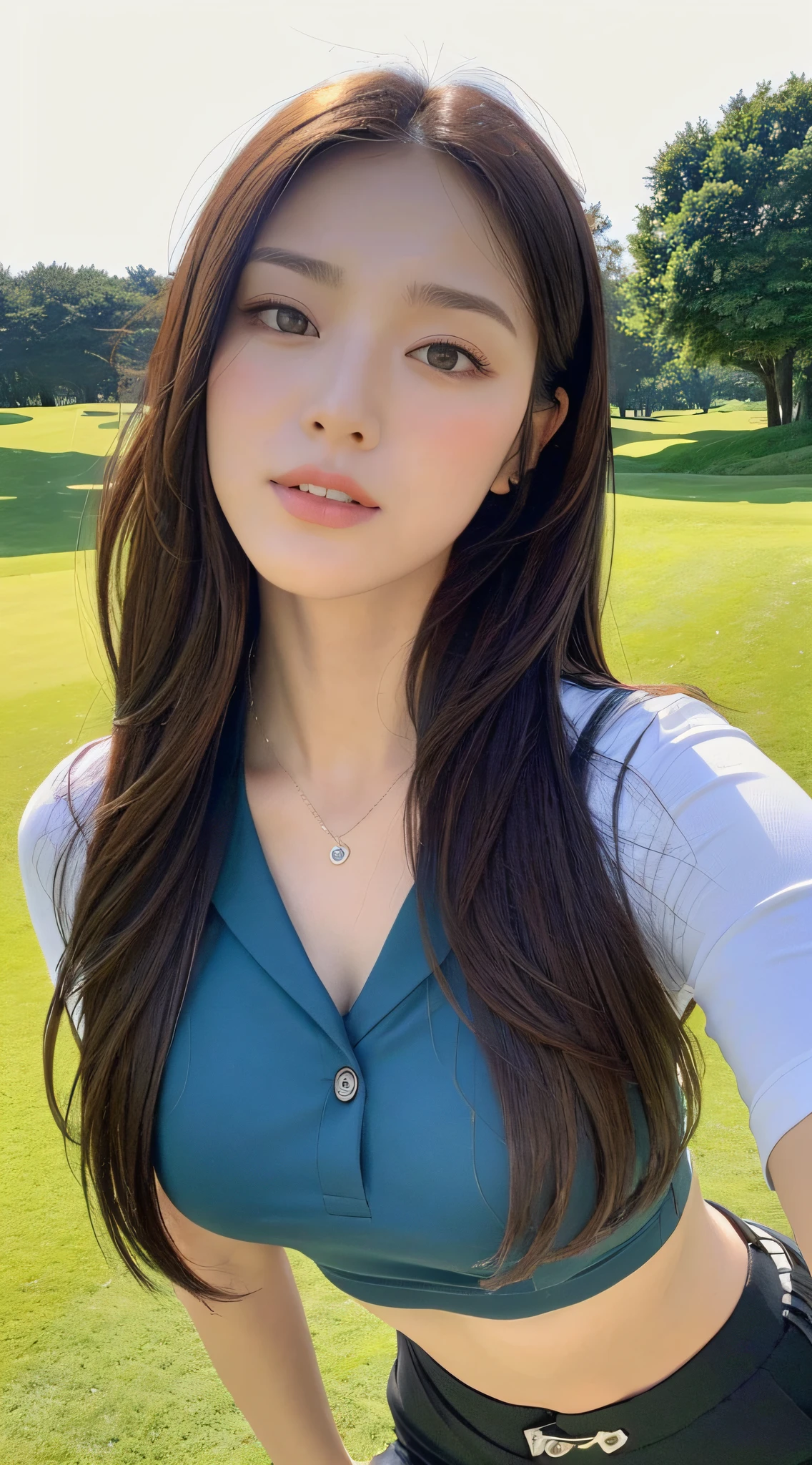 ((Top Quality, 8k, Masterpiece: 1.3)), Sharp Focus: 1.2, Perfect Body Beauty: 1.4, Slim Abs: 1.2, ((Dark Brown Hair, Big: 1.2)), (Natural Light, Sunny Golf Course: 1.1), Highly Detailed Face and Skin Texture, Detailed Eyes, Double Eyelids, ((Dynamic Angle)))), Stylish Golf Wear