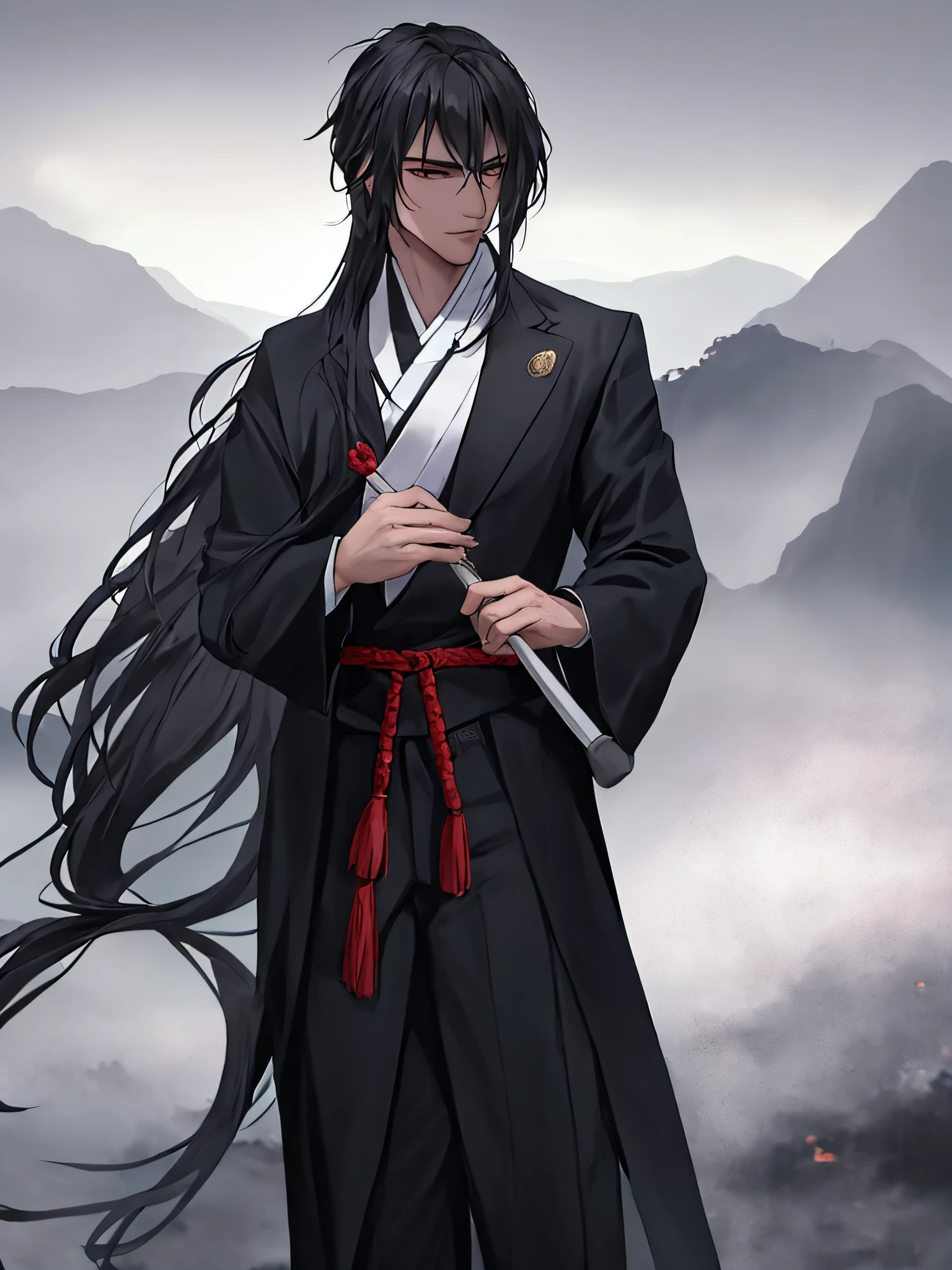 Anime man with black hair and black coat standing in front of the mountain, ancient costume martial arts Hanfu, side facing the audience, domineering eyes, martial arts image, handsome guy, by Yang J, anime handsome man, hands in trouser pockets, handsome and dashing standing posture, anime portrait of a handsome man, flowing hair and robes, long black hair --auto --s2