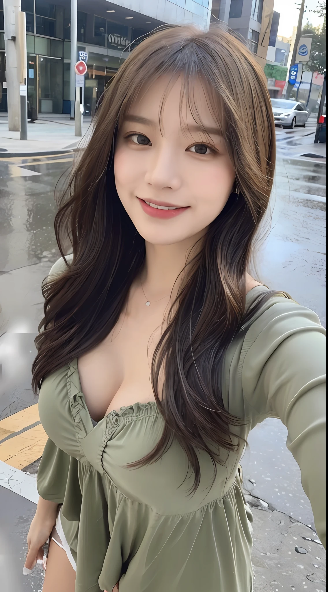 ((Best Quality, 8K, Masterpiece:1.3)), Focus: 1.2, Perfect Body Beauty: 1.4, Buttocks: 1.2, ((Layered Haircut, Breasts: 1.2)), (Wet Clothes: 1.1), (Rain, Street:1.3), Bandeau Dress: 1.1, Highly Detailed Face and Skin Texture, Fine Eyes, Double Eyelids, Whitening Skin, Long Hair, (Shut Up: 1.3), Smile