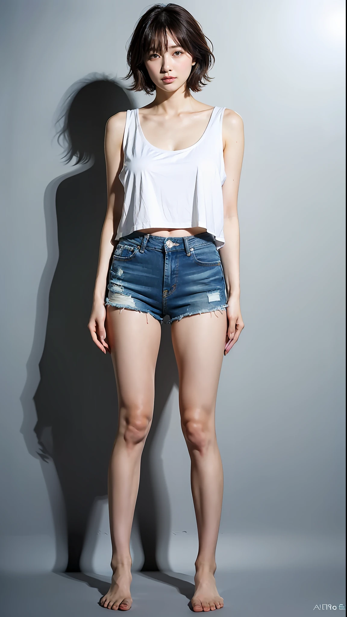 (Best Quality, 8k, 32k, Masterpiece, UHD: 1.2), Cute Japan Woman Pictures, Short Hair, Big, Breast Size Visible Over Clothes, Patsun Patsun Tank Top, Denim Shorts, Full Body, Bare Feet, Barefoot, Simple Background,