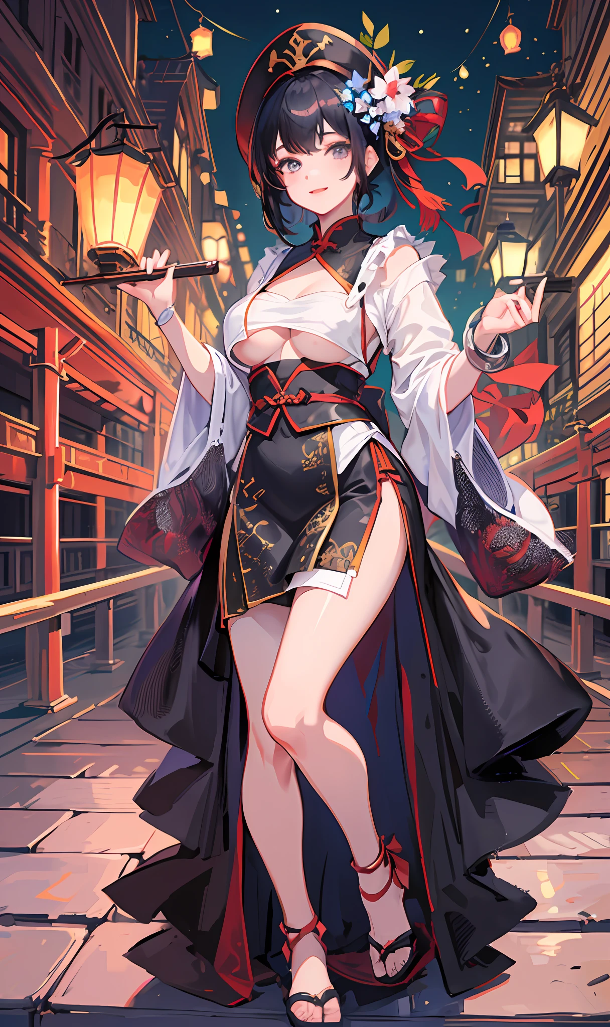 masterpiece,1girl,solo,black hair,underboob, hat, light_smile, ofuda, china dress, crossed arms, full body, outdoors, hanging lantern, night, higashi setsuna,