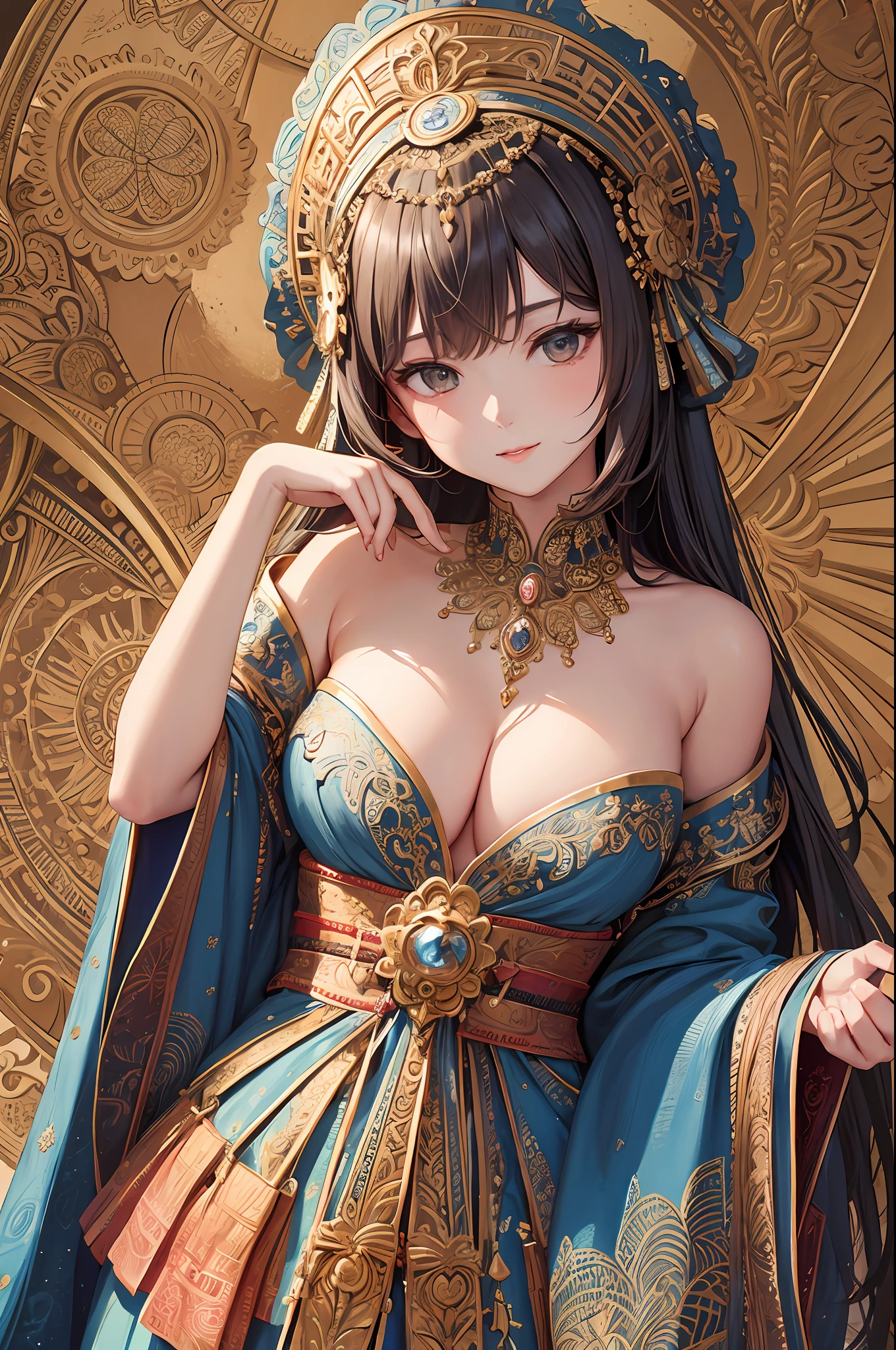 (Masterpiece, Best Quality, Best Quality, Official Art, Beautiful and Aesthetic: 1.2), (1 Girl: 1.3), Very Detailed, (Fractal Art: 1.2), Leaves, Most Detailed, (Zentangle: 1.2), (Dynamic Pose), (Abstract Background: 1.5), (Traditional Clothing: 1.2), (Shiny Skin), (Various Colors: 1.4), Upper Body, Looking at the viewer gently and affectionately, like a goddess,