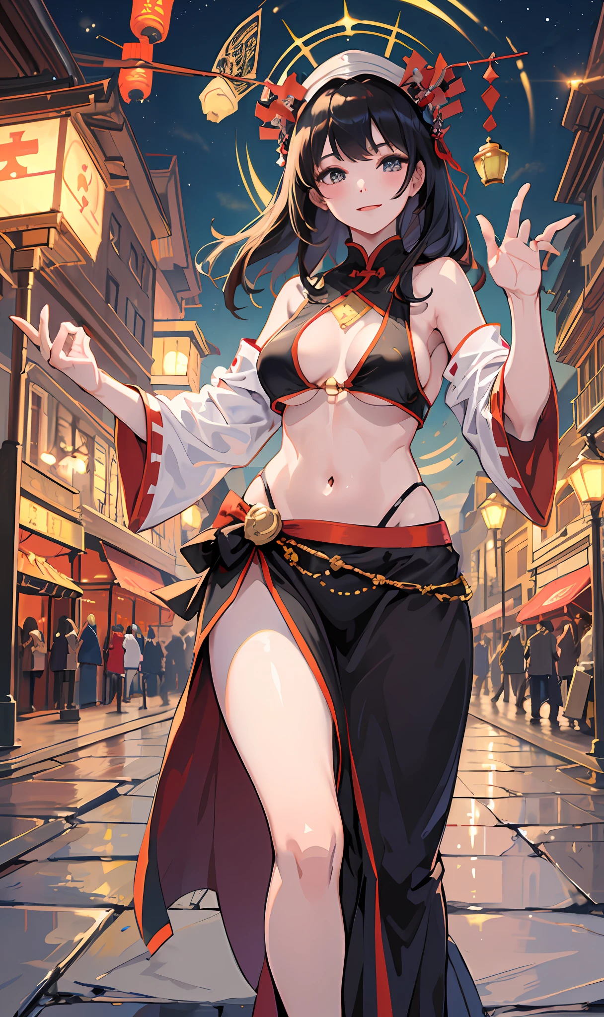 masterpiece,1girl,solo,black hair,underboob, hat, light_smile, ofuda, china dress, crossed arms, full body, outdoors, hanging lantern, night, higashi setsuna,