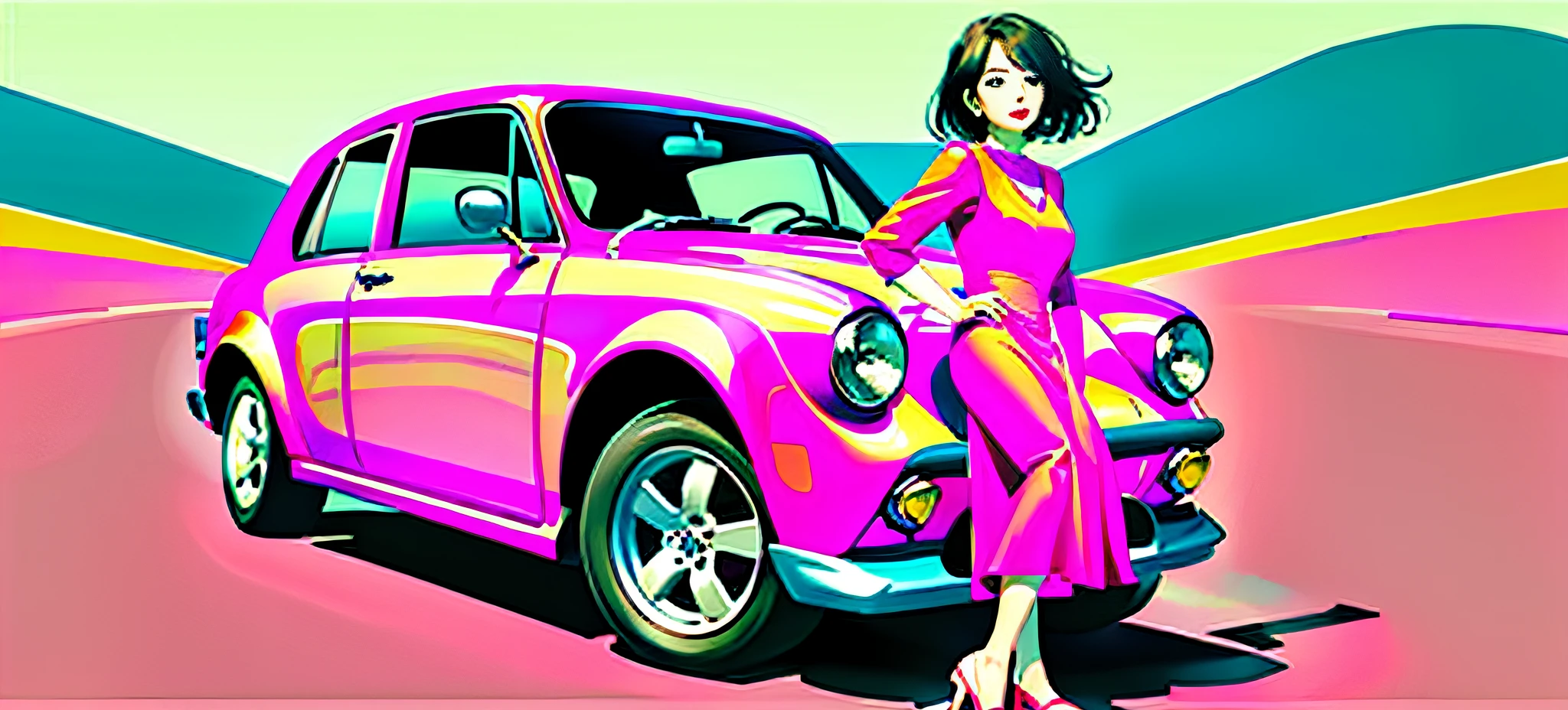 A woman in a pink dress stands in front of a pink car
