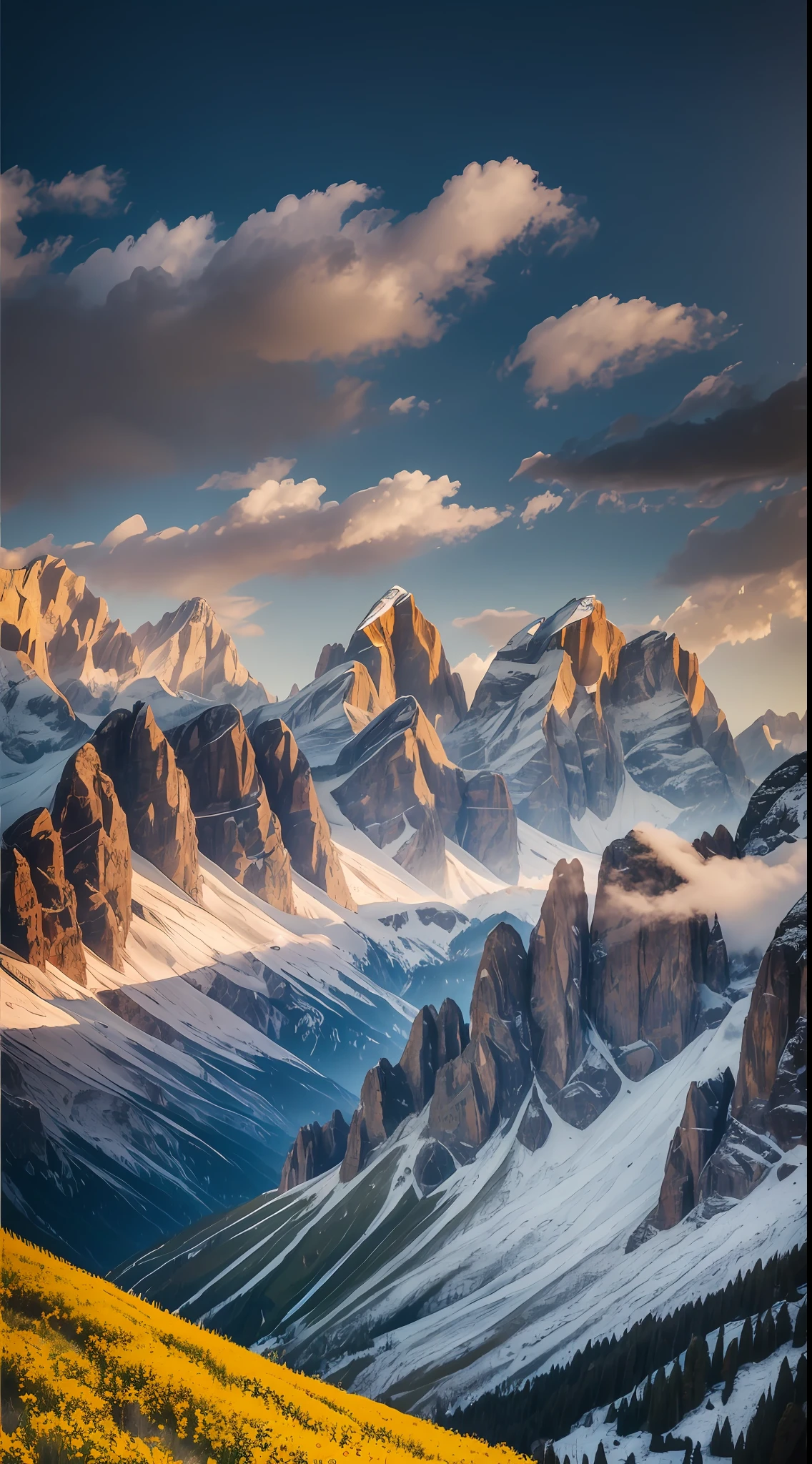 There are two yellow flowers in the foreground of the valley, ryan dyar, Mark Adamus, Lpoty, In the Dolomites, "The Golden Grail, Fyodor Rokotov, in valleys, Cedric Peravernay, Alexei Venesyanov, Devil's Point, alexey egorov, Surrealism, high detail, Verism, chiaroscuro, sparkle, cinematic lighting, Fujicolor, f/2.8, Hasselblad, UHD, retina, masterpiece, ccurate, anatomically correct, super detail, high details, high quality, award winning, best quality, highres, 8k --auto --s2