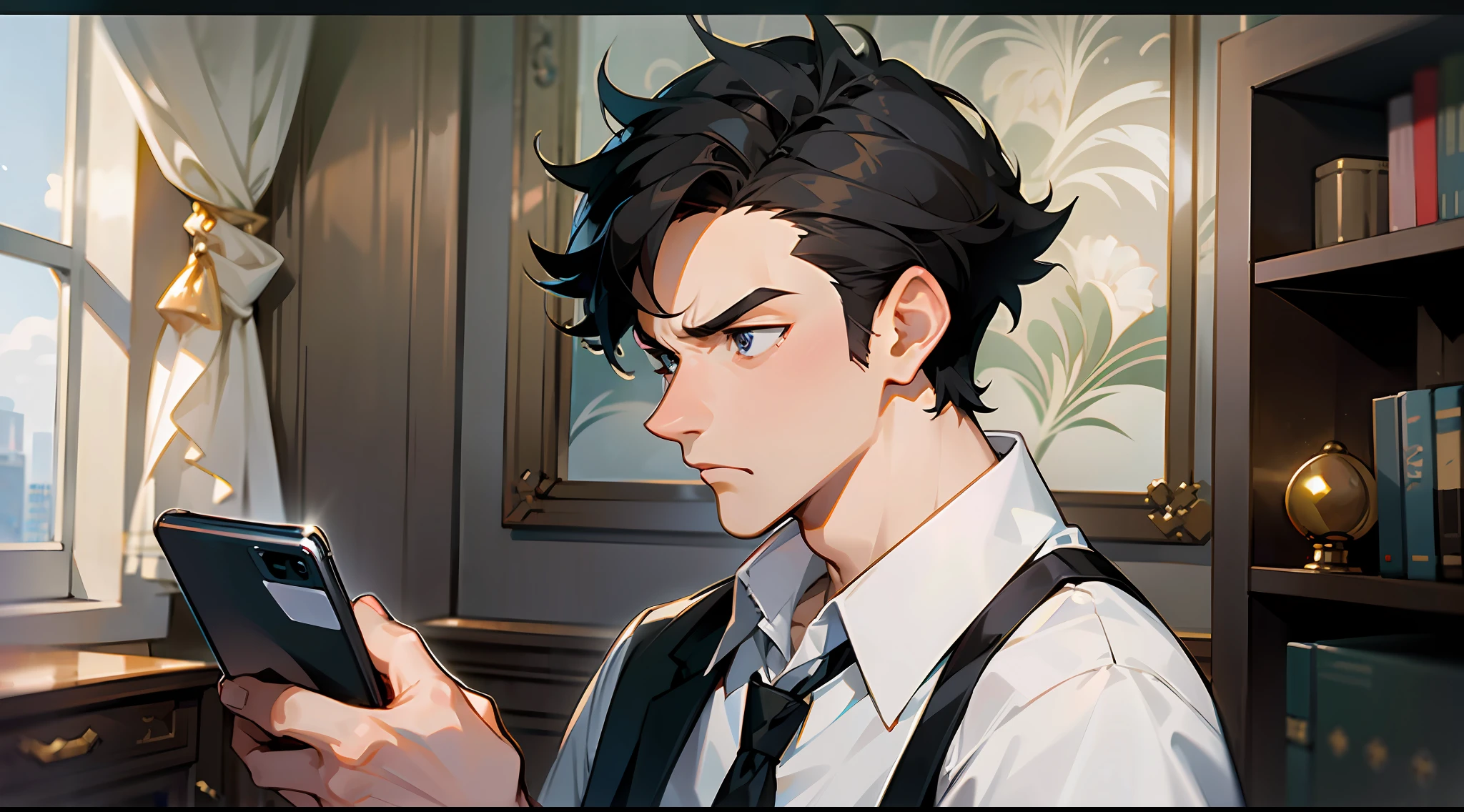 Masterpiece, best quality, men, short hair, luxurious office, angry, mobile phone