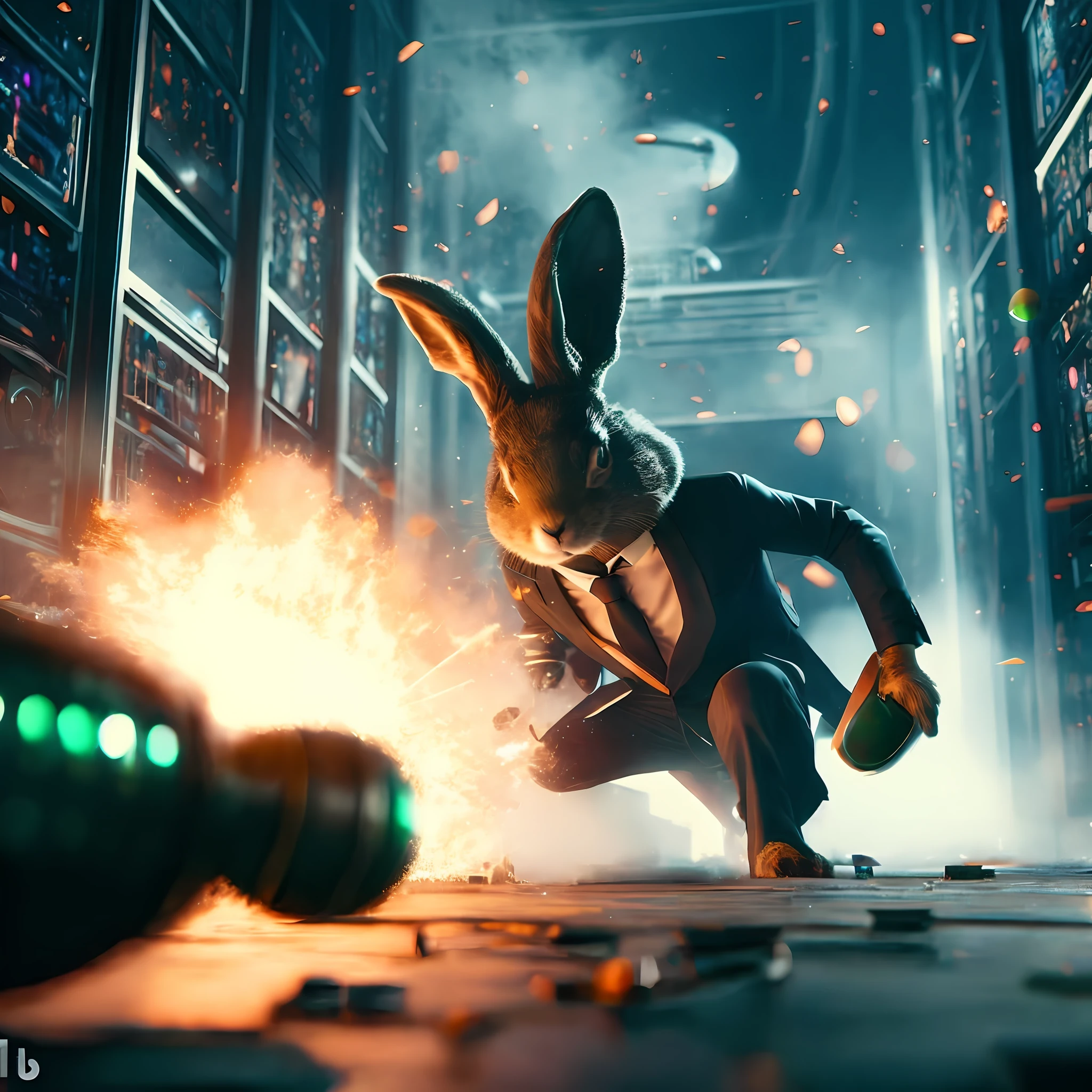 a close up of a rabbit in a suit running towards a gun, artistic render, beeple. octane render, wojtek fus, cinematic render unreal engine, extreme render, big chungus as elden ring boss, cinematic shot!, beeple and tim hildebrandt, beeple and jean giraud, beeple. hyperrealism